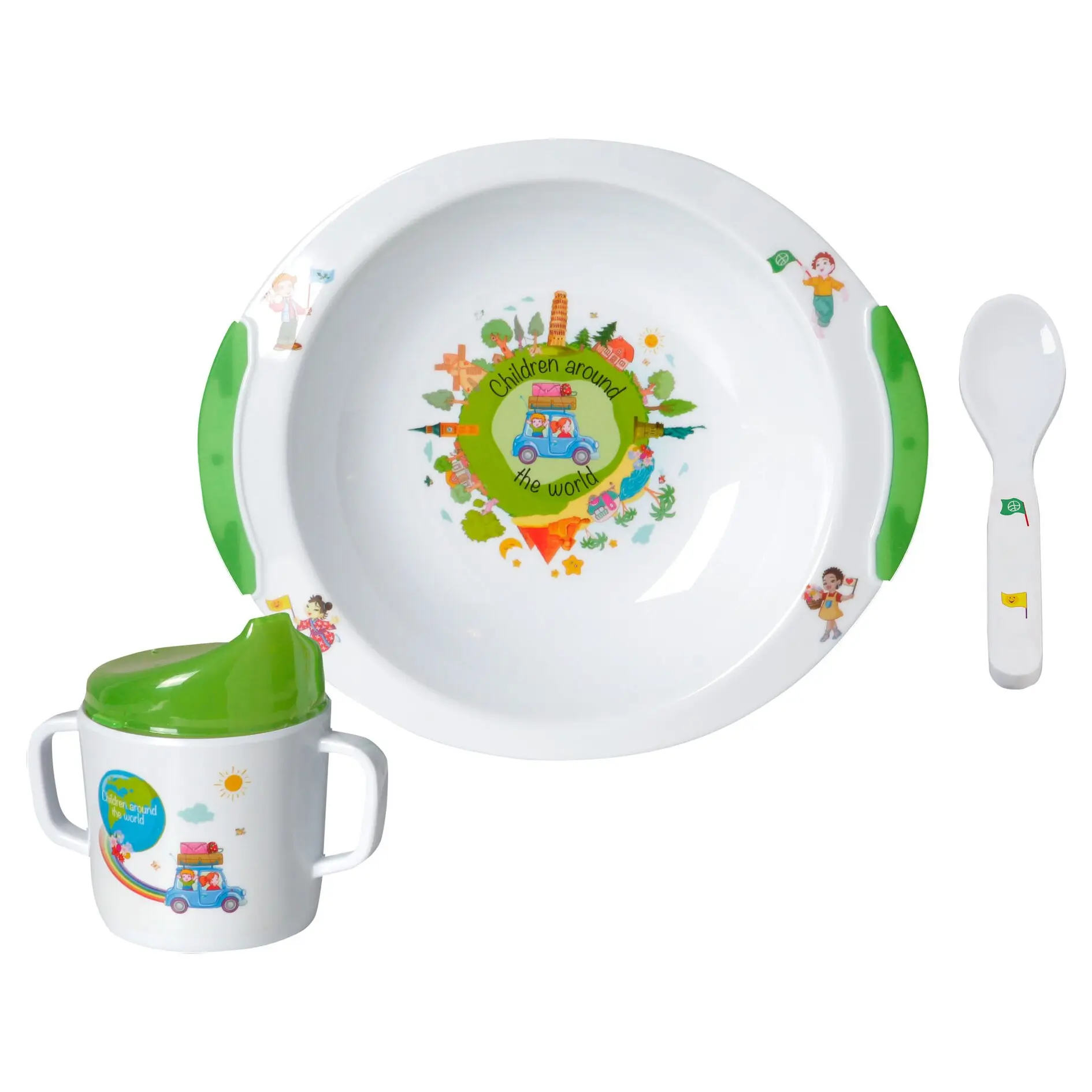 3-teiliges Geschirrset Around the World für Kinder, Teller mit buntem Weltkarten-Motiv, Becher mit grünem Deckel und Löffel