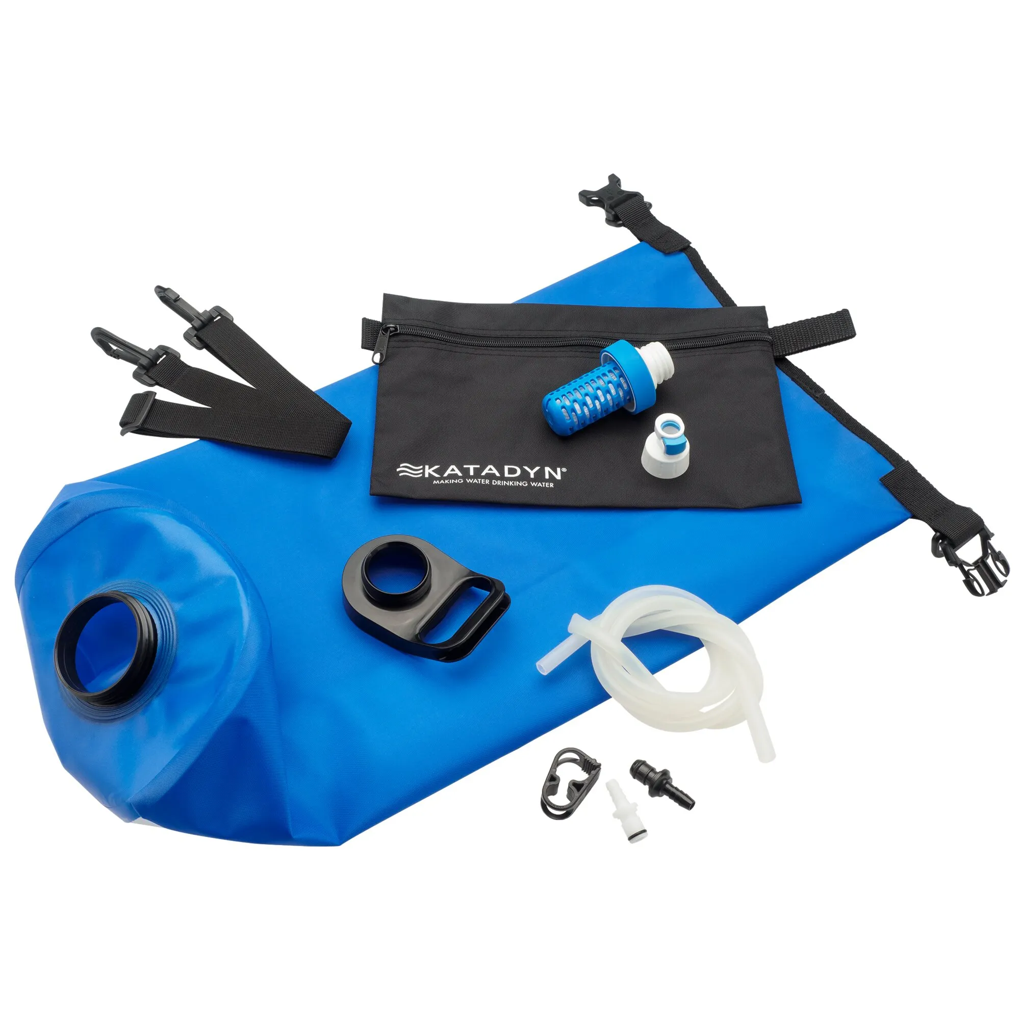 Katadyn BeFree Water Filtration 10 l mit blauem Wasserbehälter, Filter, schwarzer Tasche, Schlauch, Anschlüssen und Gurten