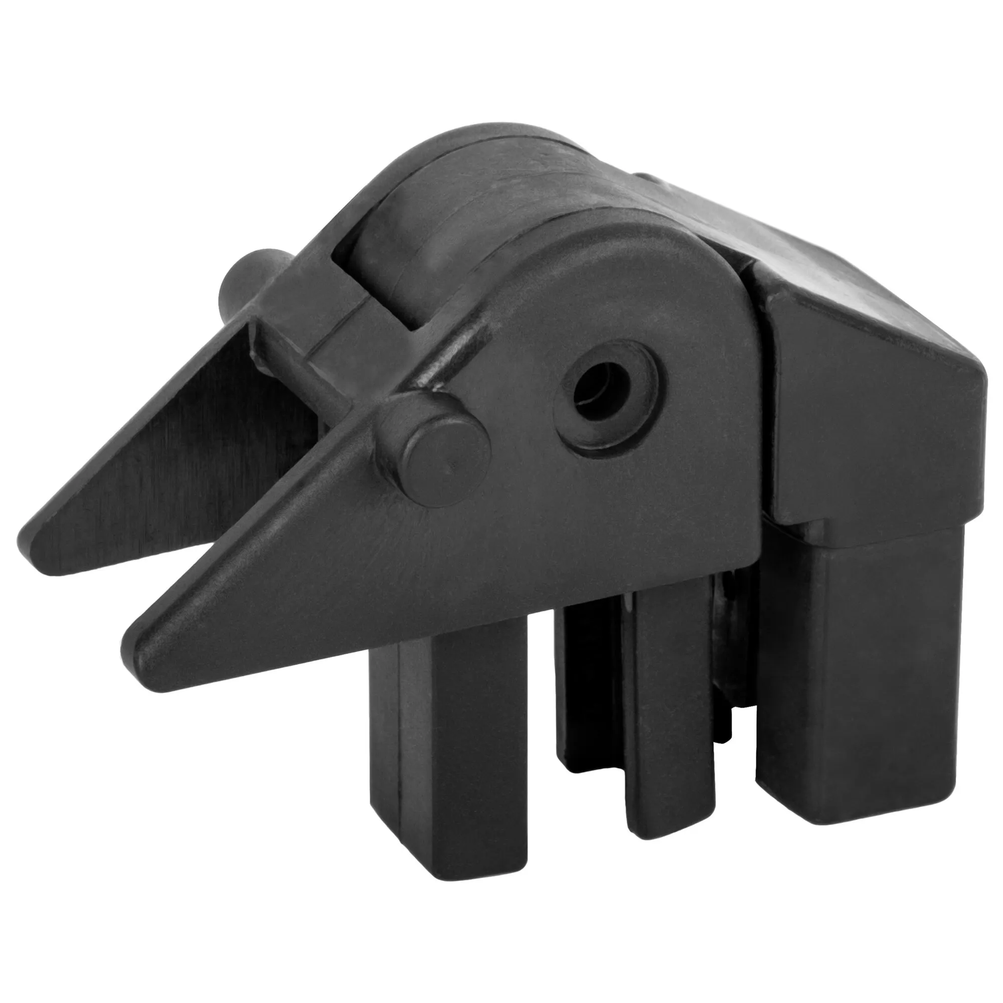 Schwarze Arretiervorrichtung für die Armlehne des Skye Syntex Plus mit Hebelmechanik und Befestigungsöffnungen in Detailansicht