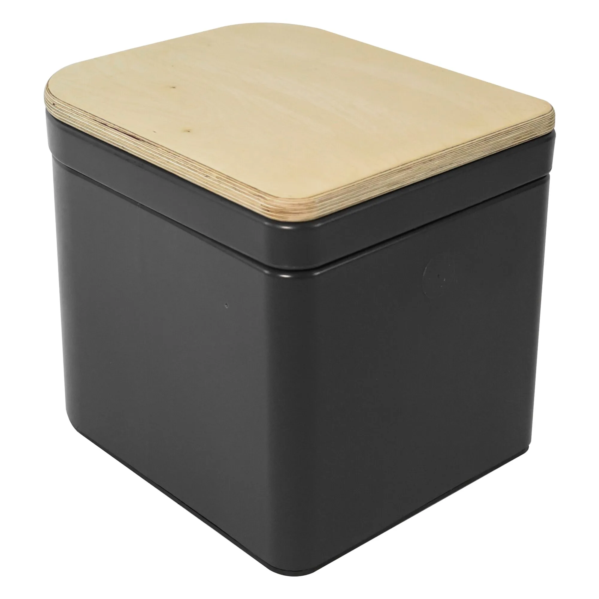 Trenntoilette Trelino® Origin M mit schwarzem, abgerundetem Korpus und naturfarbenem Deckel aus Multiplexholz in Dreiviertelansicht