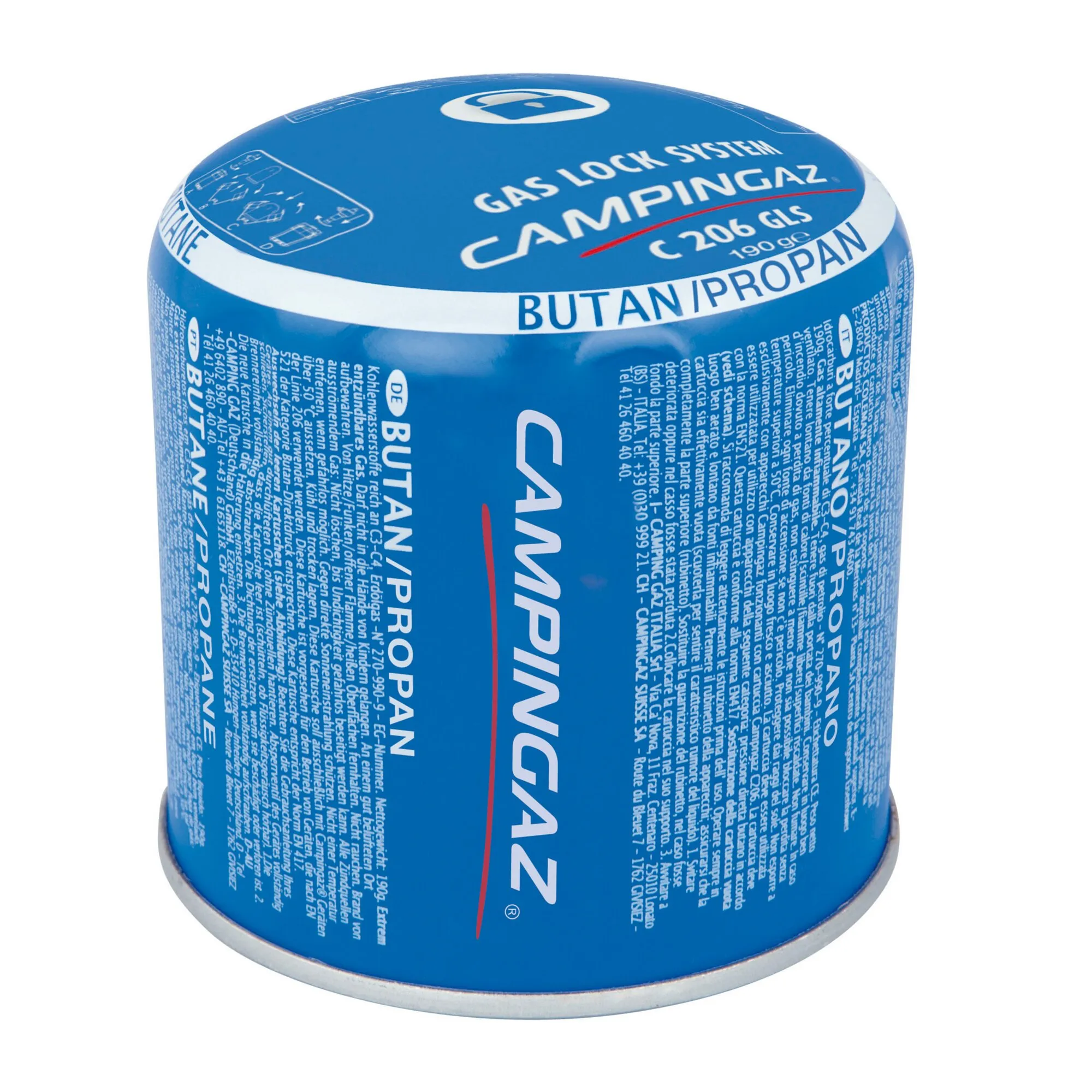 Blaue Campingaz Stechkartusche C206 GLS aus Metall mit Butan-Propan-Gasfüllung und Gas-Lock-System, 190 g