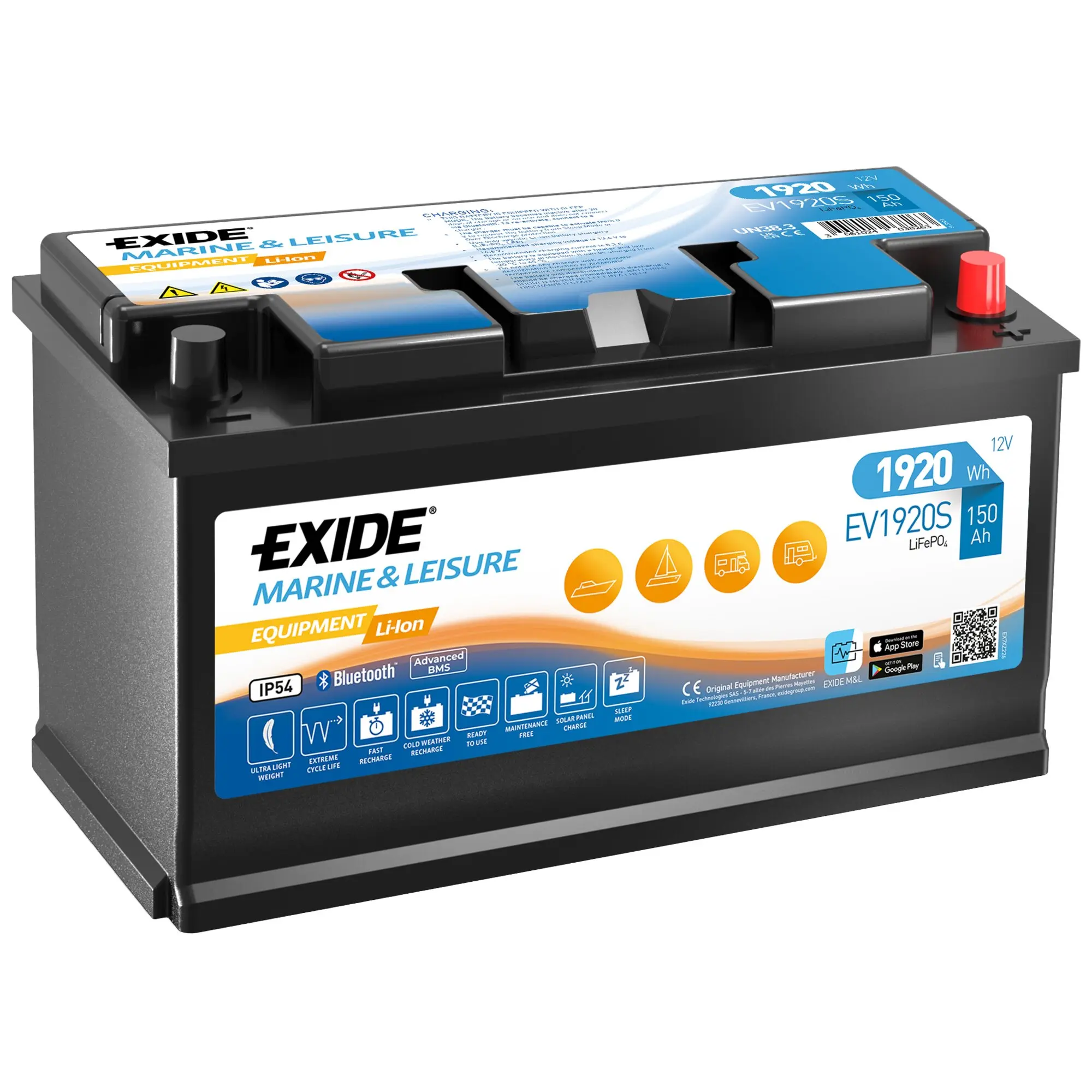 Schwarze Lithium-Batterie mit blauem Etikett EV1920S, 150 Ah und 1920 Wh, roter Pluspol sichtbar, Bluetooth-Symbol und Icons auf dem Label
