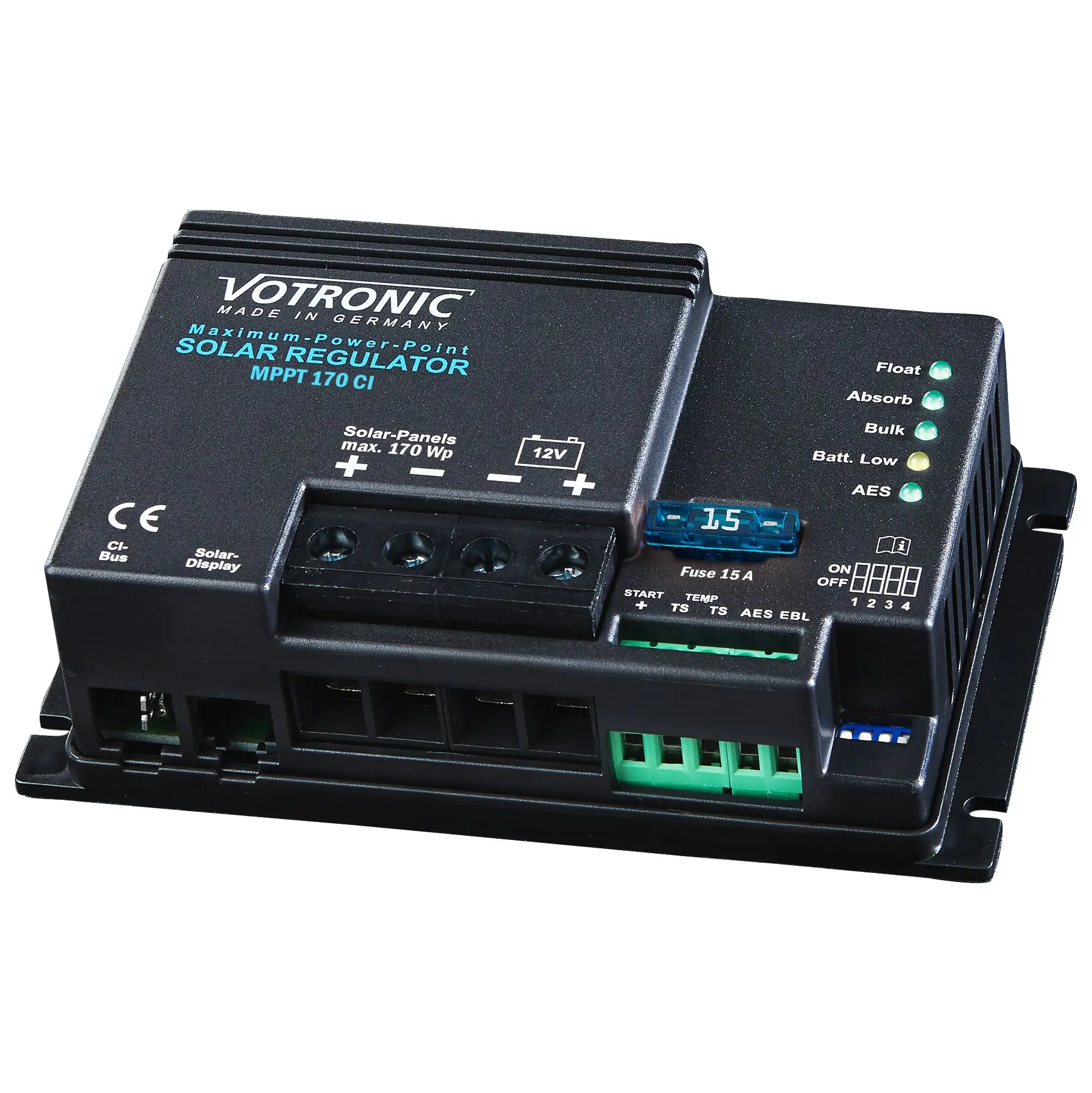 Schwarzer Votronic MPPT 170 CI Solarregler mit LED-Statusanzeigen (Float, Absorb, Bulk, Batt Low, AES), grünem Anschlussblock und Sicherung