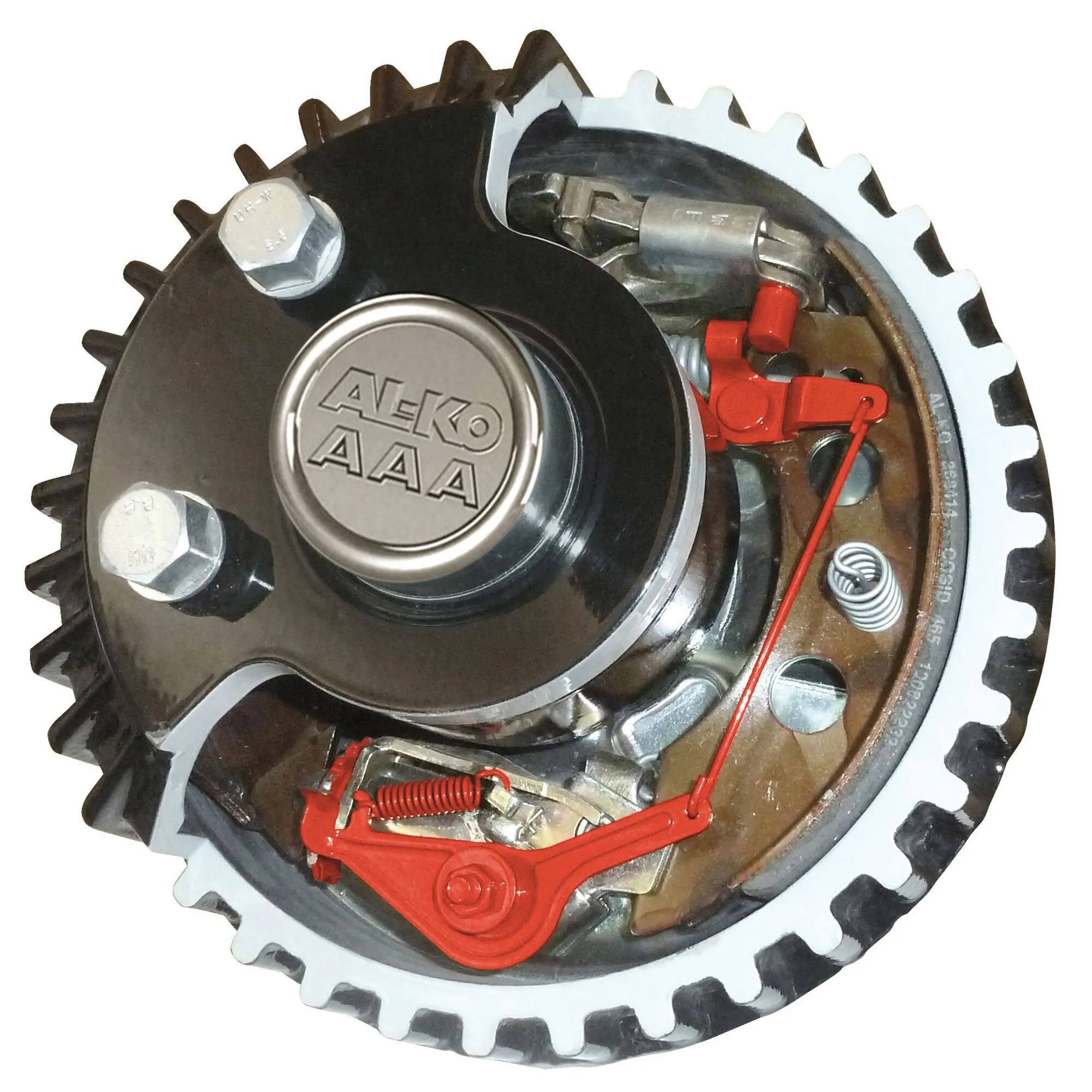 Geöffnete AAA-Trommelbremse mit sichtbaren roten Bremsmechaniken, Federn und verzinkten Bauteilen für Anhängerachsen