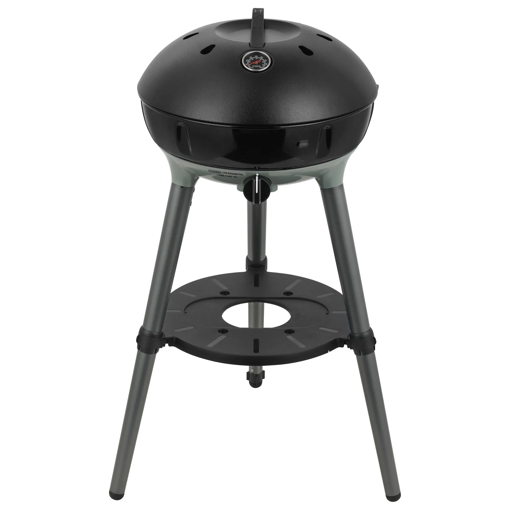 Gasgrill mit schwarzem Deckel, Thermometer in der Deckelmitte, Lüftungslöcher, Griff oben, grüne Haube, drei Füße und Ablageplatte darunter