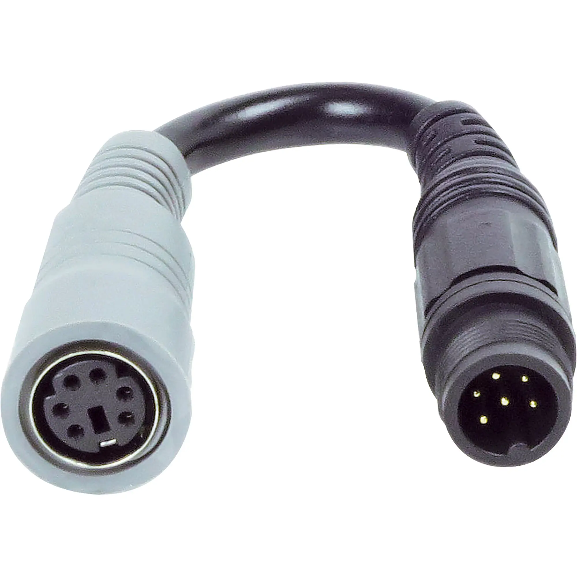 Nahaufnahme zweier runder 6-poliger Steckverbinder am Kabel; linker Stecker hellgrau mit sechs Löchern, rechter Stecker dunkel mit sechs Pins