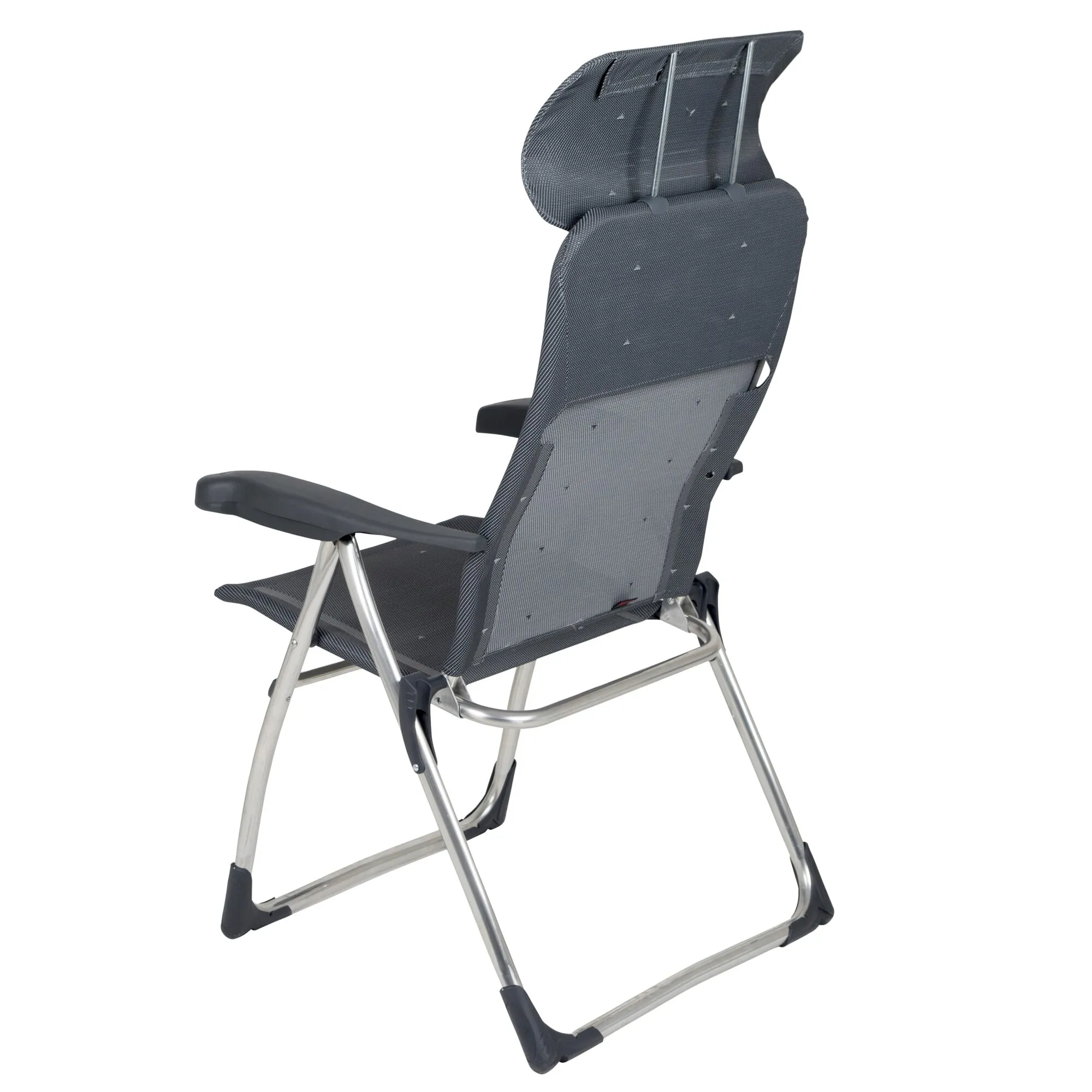 Campingstuhl XS AL/215 Compact in schwarzem Mesh-Gewebe mit verstellbarer Rückenlehne, Armlehnen und silbernem Aluminiumgestell