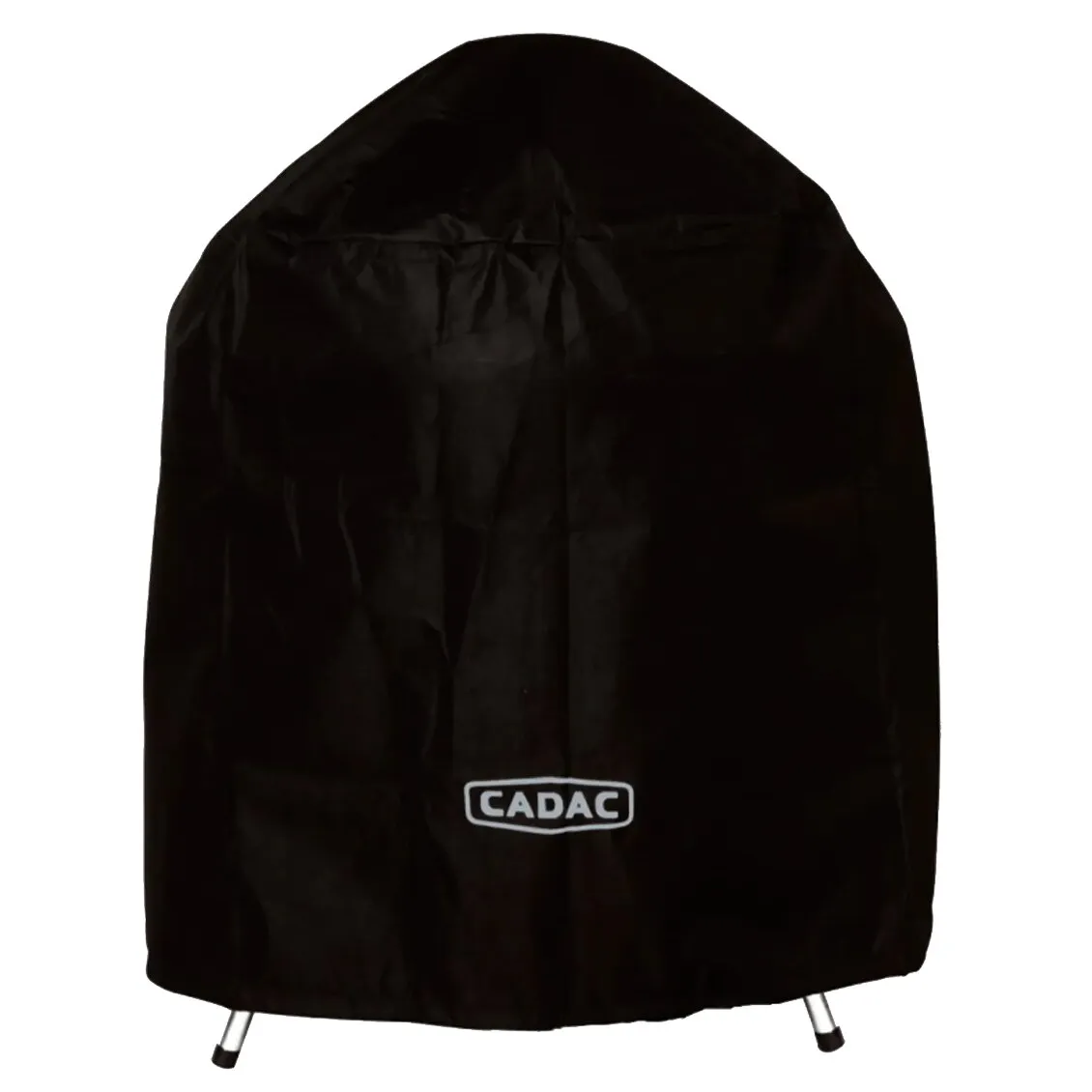 Schwarze CADAC Abdeckhaube Deluxe in trapezförmiger Form mit weißem Logo und sichtbaren Grillfüßen