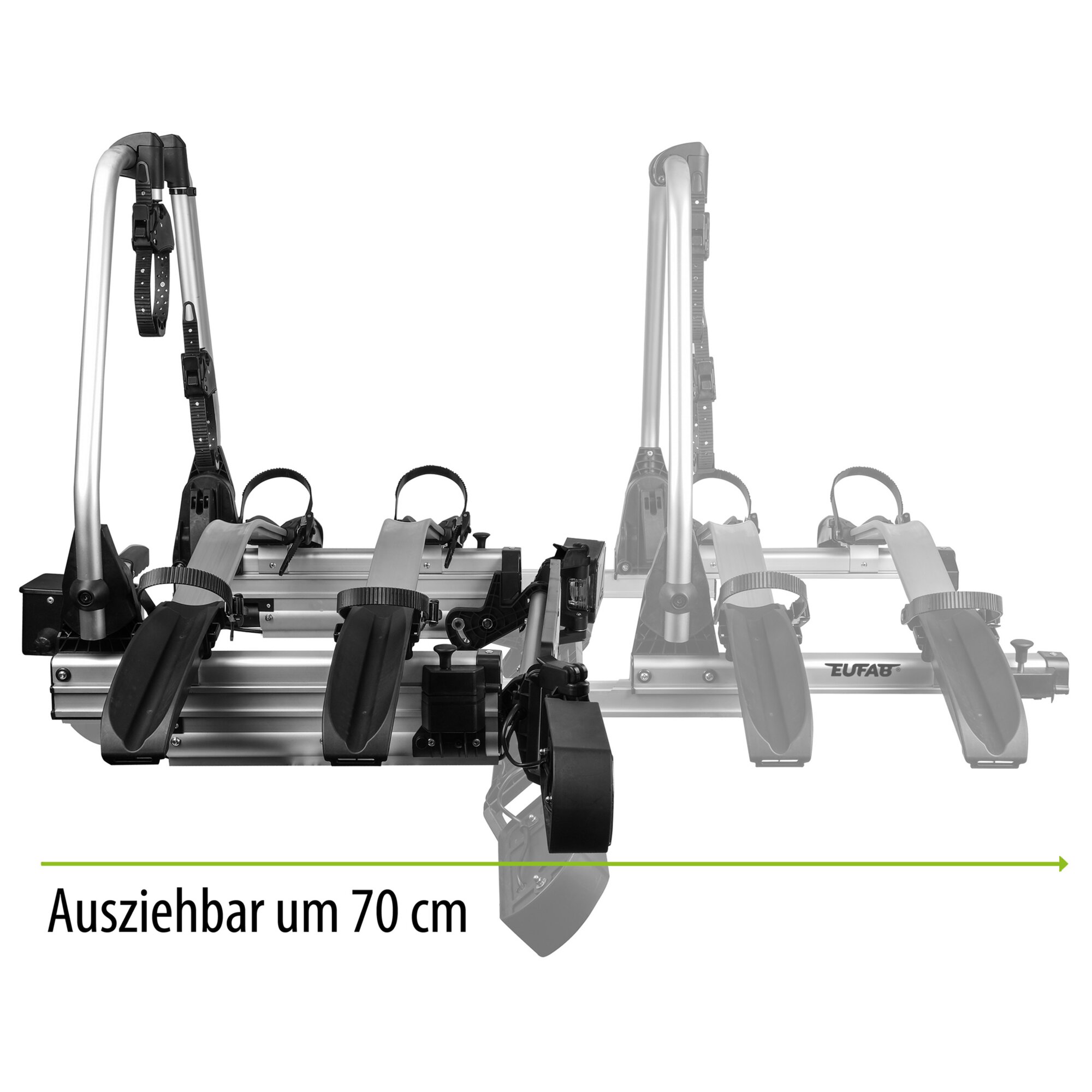 Silberner Fahrradträger für Anhängerkupplung SD260 mit vertikalen Stangen, verstellbaren Halterungen und Riemen, EUFAB-Logo sichtbar