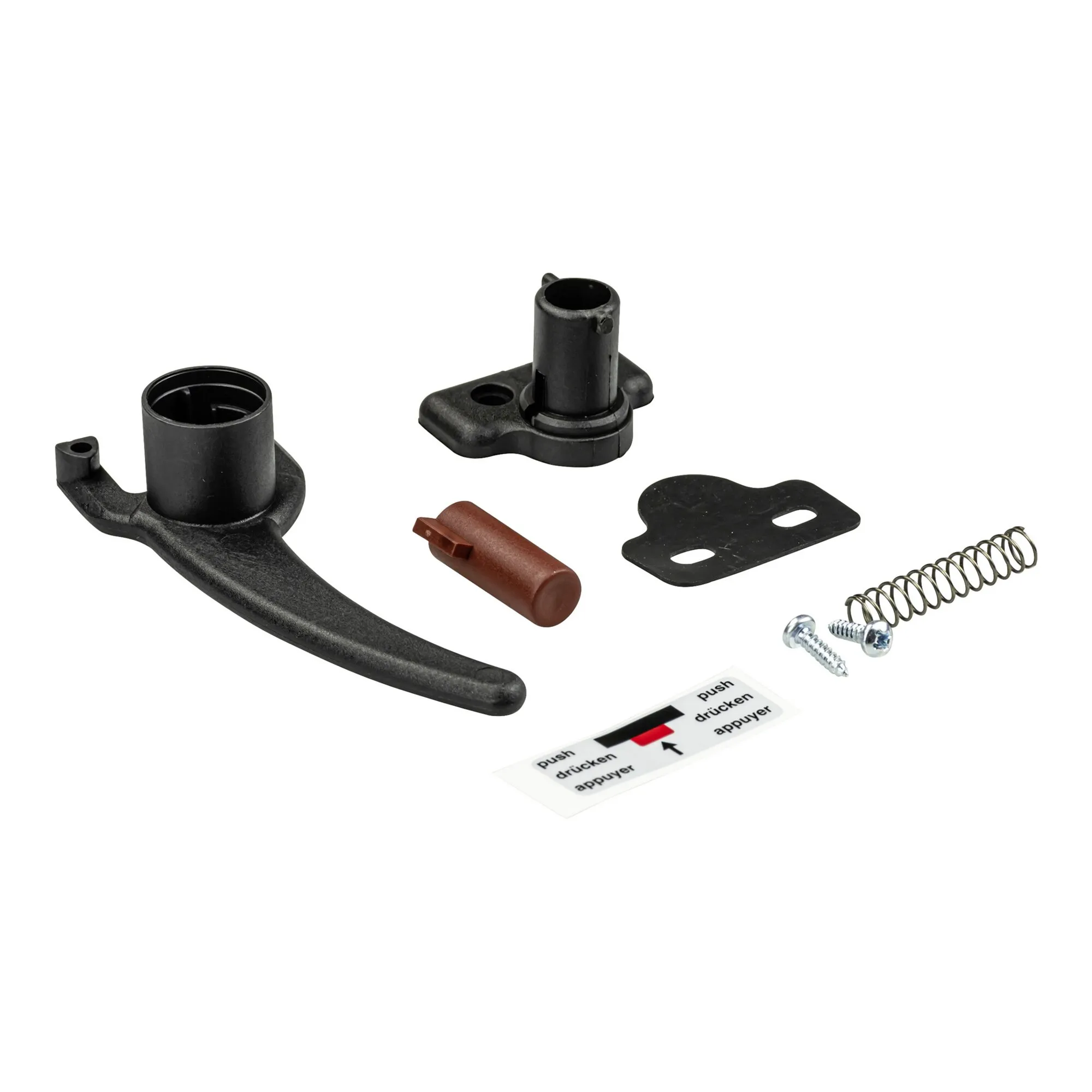 Kompletter schwarzer Drehriegel mit Hebel, Drehhülsen, Gegenplatte, braunem Druckknopf, Feder, Schrauben und Hinweisaufkleber