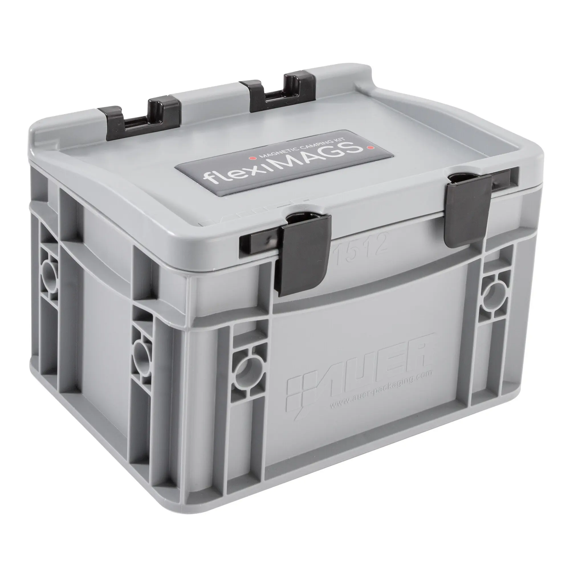 Graue Kunststoffbox mit zwei schwarzen Deckelclips, Aufbewahrungsbox für Magnet-Set Basic, sichtbare Beschriftung flexiMAGS auf dem Deckel