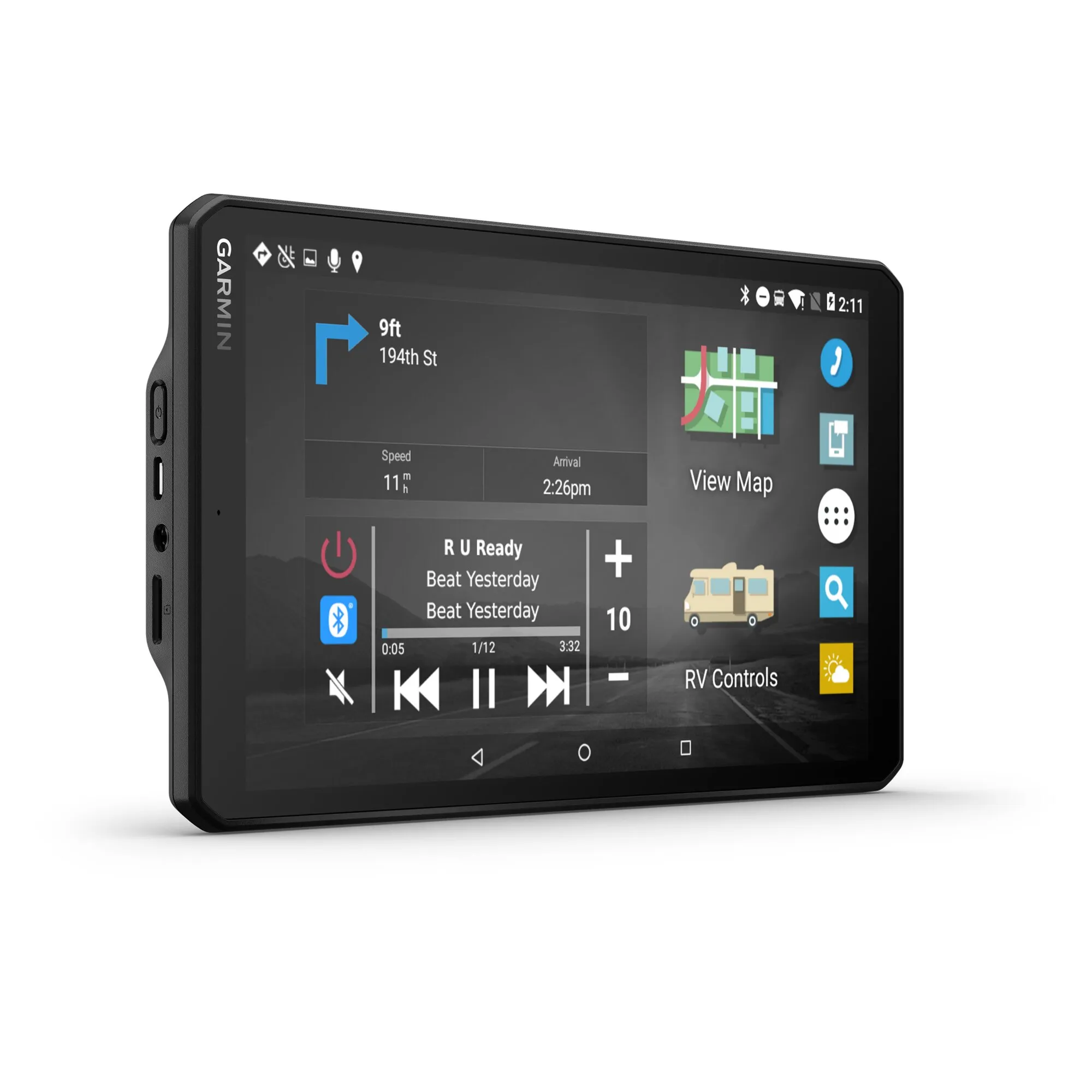 Garmin VIEO RV Bedienteil mit schwarzem Gehäuse und 8-Zoll-Touchscreen, Navigation, Mediensteuerung und RV-Control-Anzeige