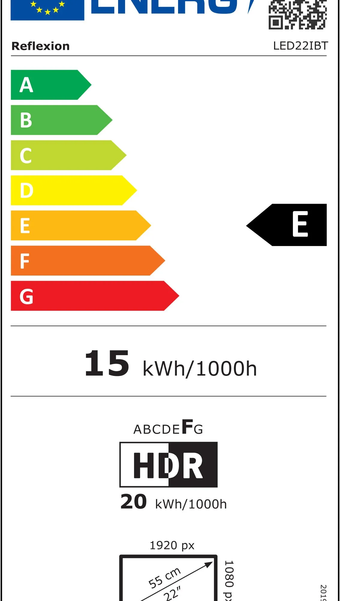 Energielabel des Reflexion LED22iBT Fernsehers, 21,5 Zoll: Energieeffizienzklasse E, 15 kWh/1000 h und HDR-Verbrauch 20 kWh/1000 h