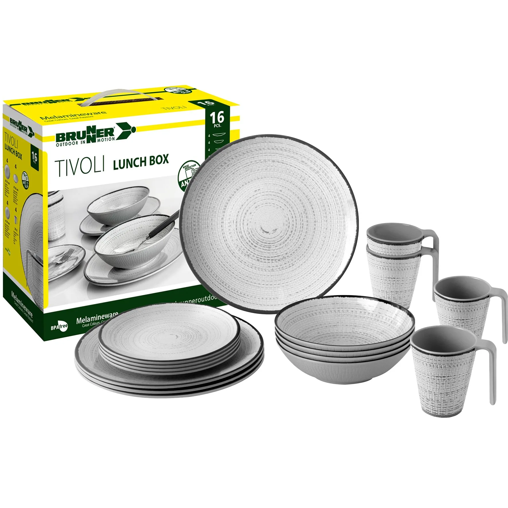 Brunner Tivoli Geschirrset aus grauem Melamin mit Tellern, Schalen und vier Bechern neben der Verpackung, 16-teilig