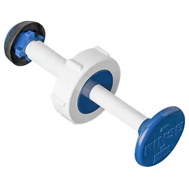Weiße Kunststoffstange mit blauem Griff und blauem Dichtungsring, linkes Montagerad mit Innenring, Toiletten-Pumpendeckel Bi-Pot 30, 34, 39