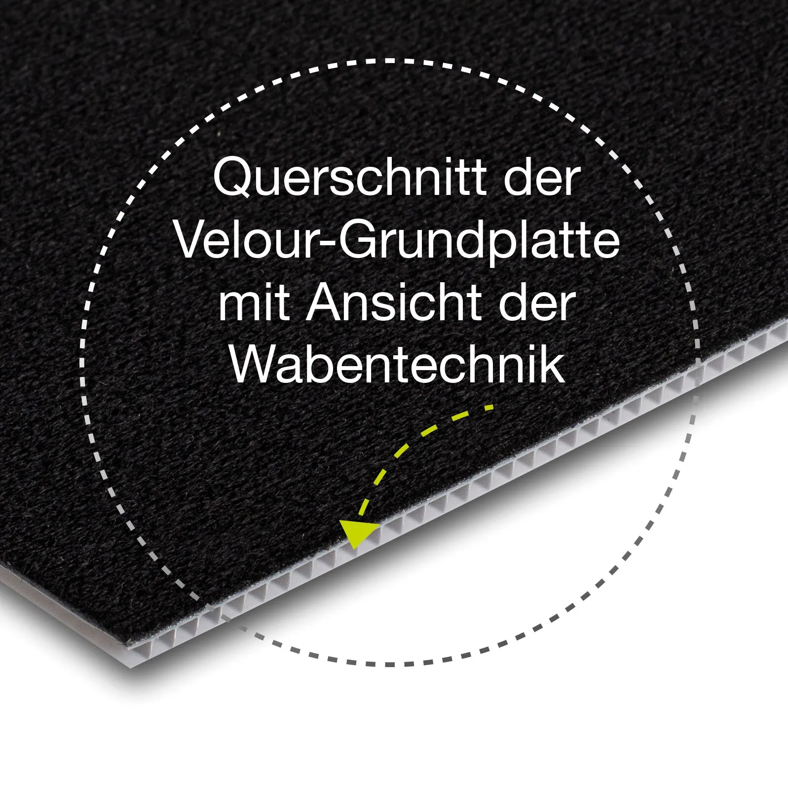 Vario System Basis II-b: Querschnitt einer schwarzen Velours-Grundplatte mit sichtbarer Wabentechnik