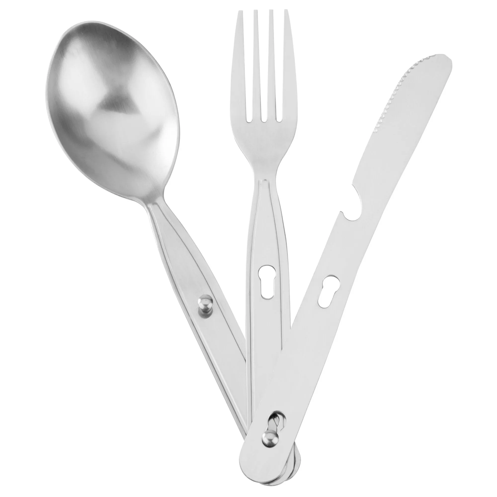 Essbesteck Basic aus Edelstahl mit Löffel, vierzinkiger Gabel und gezahntem Messer in aufgefächerter Ansicht