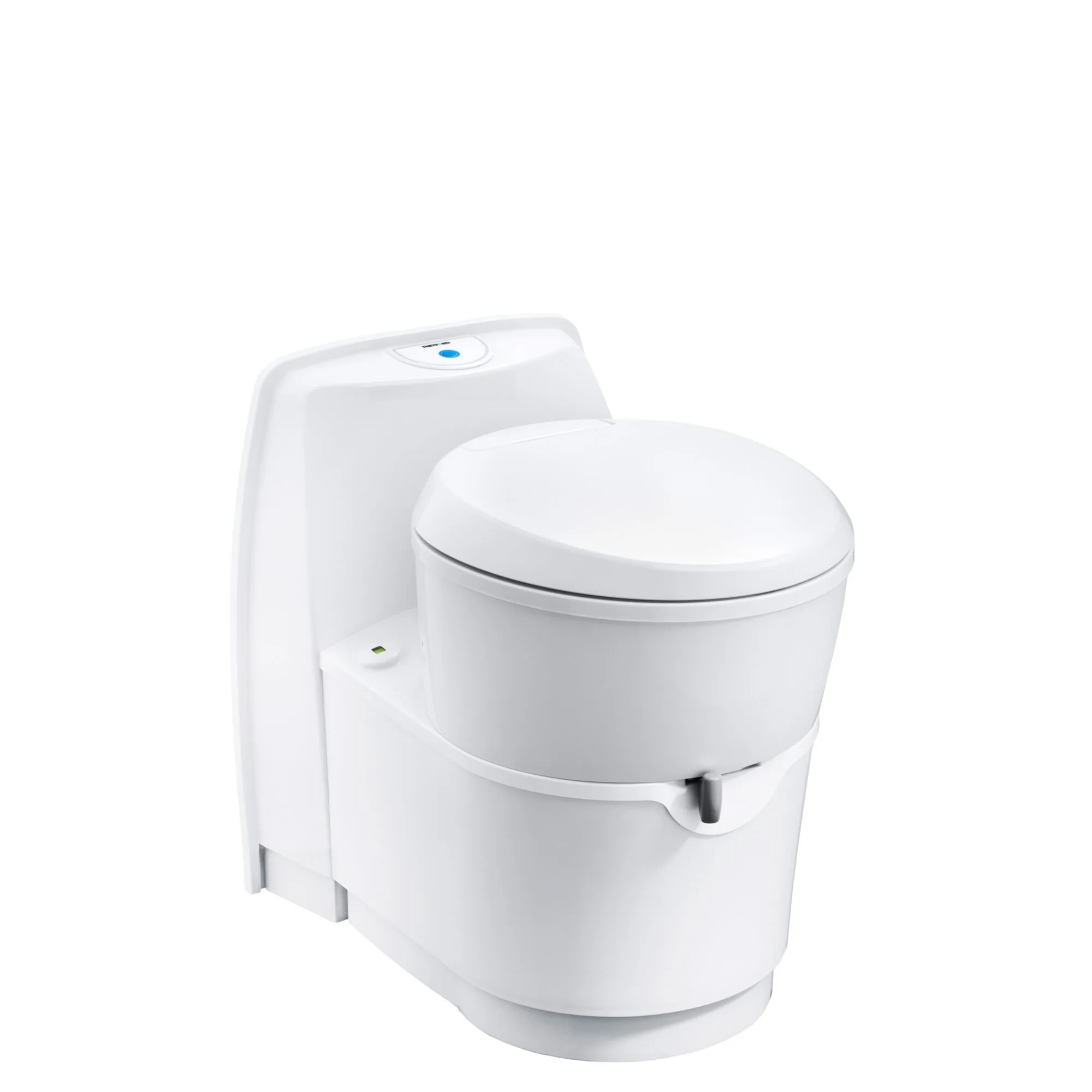 Weiße Cassettentoilette C220 Typ C223-CS mit geschlossenem Deckel, Spültaste und herausnehmbarer Kassette in Frontansicht