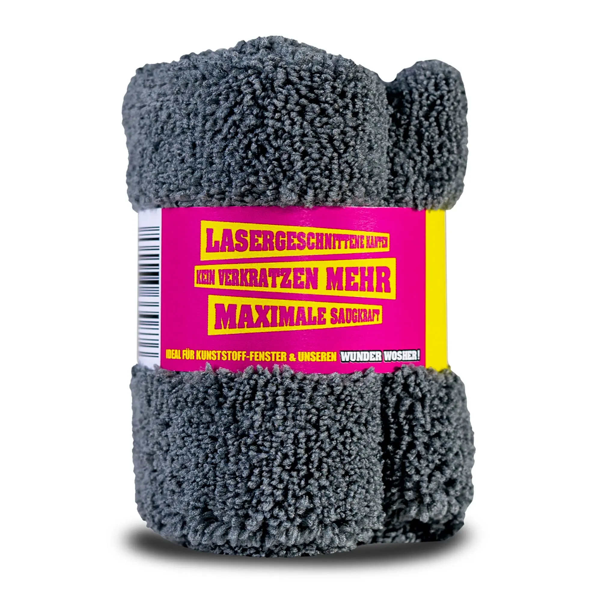 Dunkelgraues Hochflor-Reinigungstuch mit Mikrofaser-Struktur liegt über einer pinken Verpackung mit gelben Textblöcken und Barcode am Rand