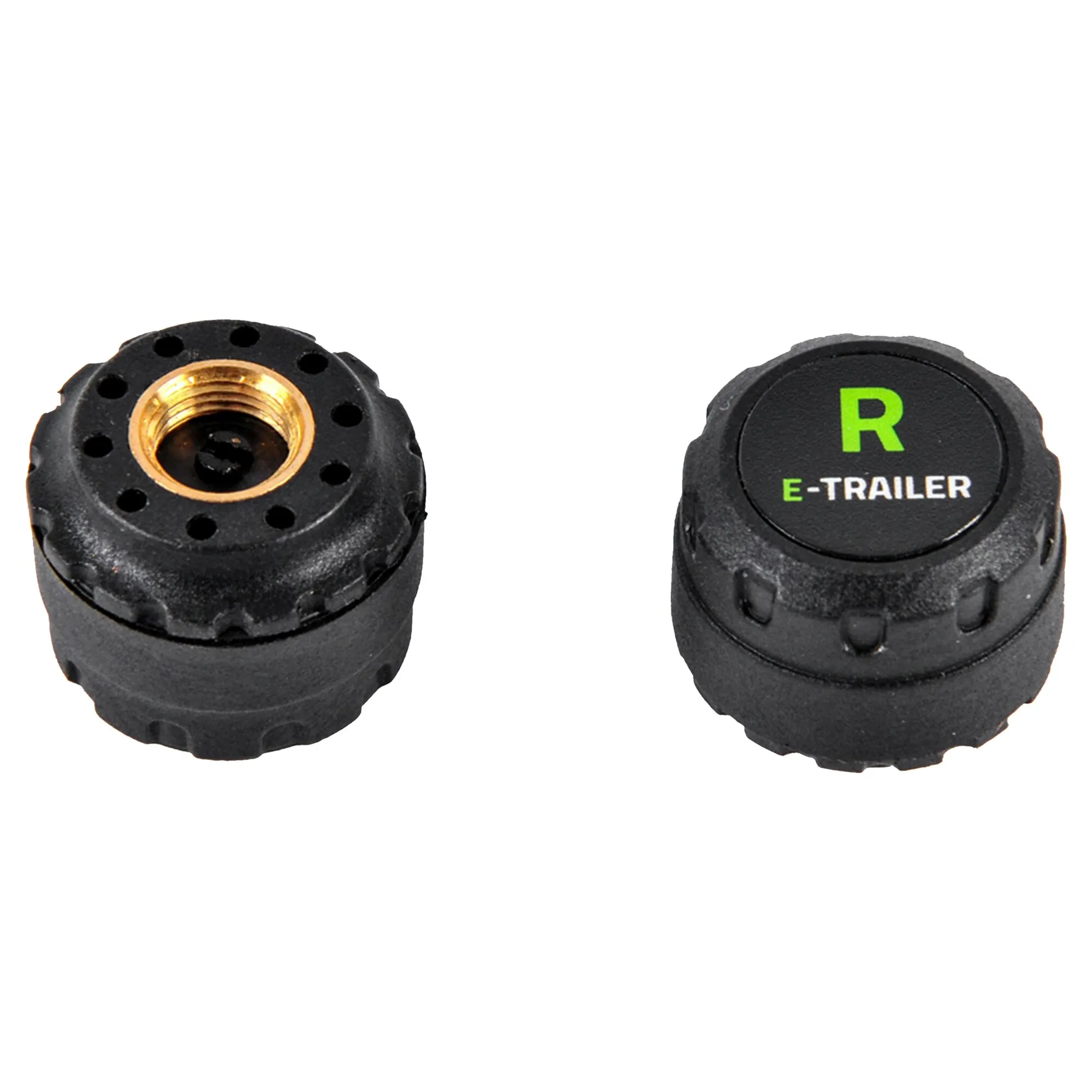 Schwarzer E-Pressure-Sensor für Reifendruck in zwei Ansichten, mit goldfarbenem Gewinde und grüner Kennzeichnung R E-TRAILER