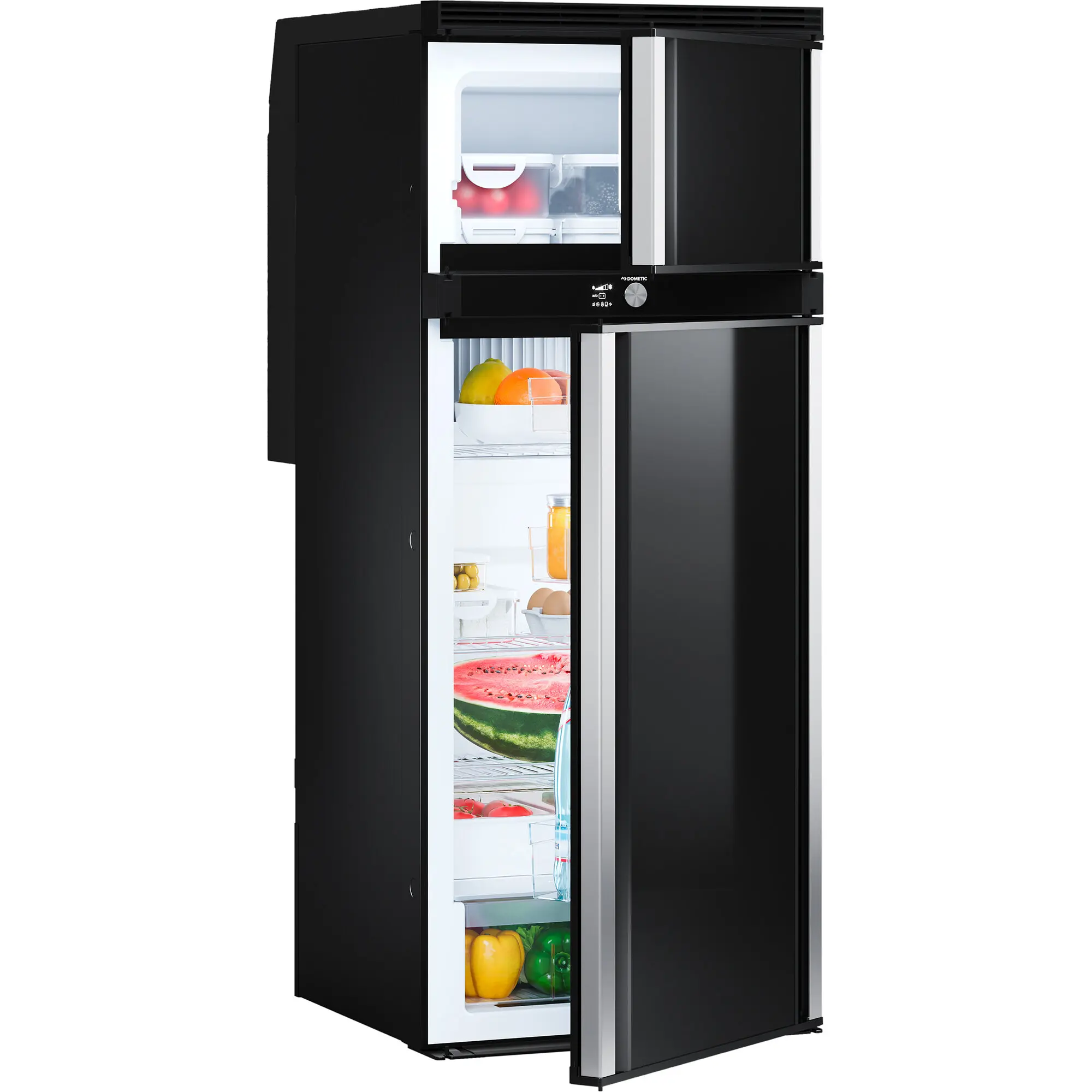 Schwarzer Dometic Kühlschrank RCD 10.5XET, 200 l, obere Kühlung und unteres Gefrierfach, beleuchteter Innenraum mit Obst und Gemüse