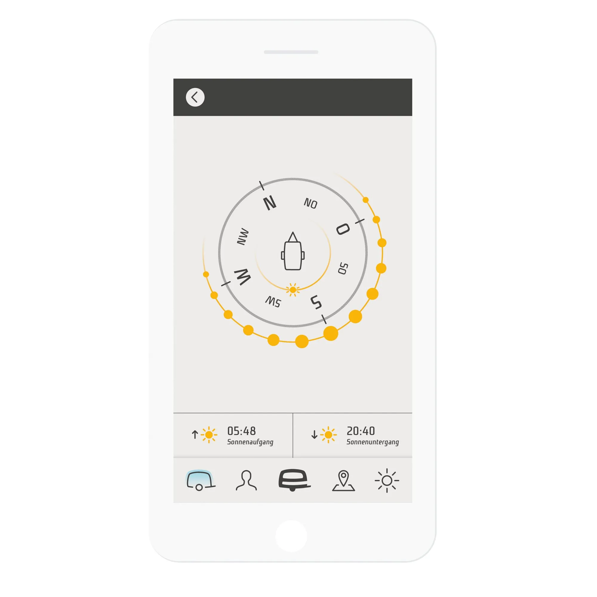 Smartphone mit App-Steuerung für easydriver Rangierantriebe, Richtungsanzeige, Wohnwagen-Symbol sowie Sonnenauf- und -untergangszeiten