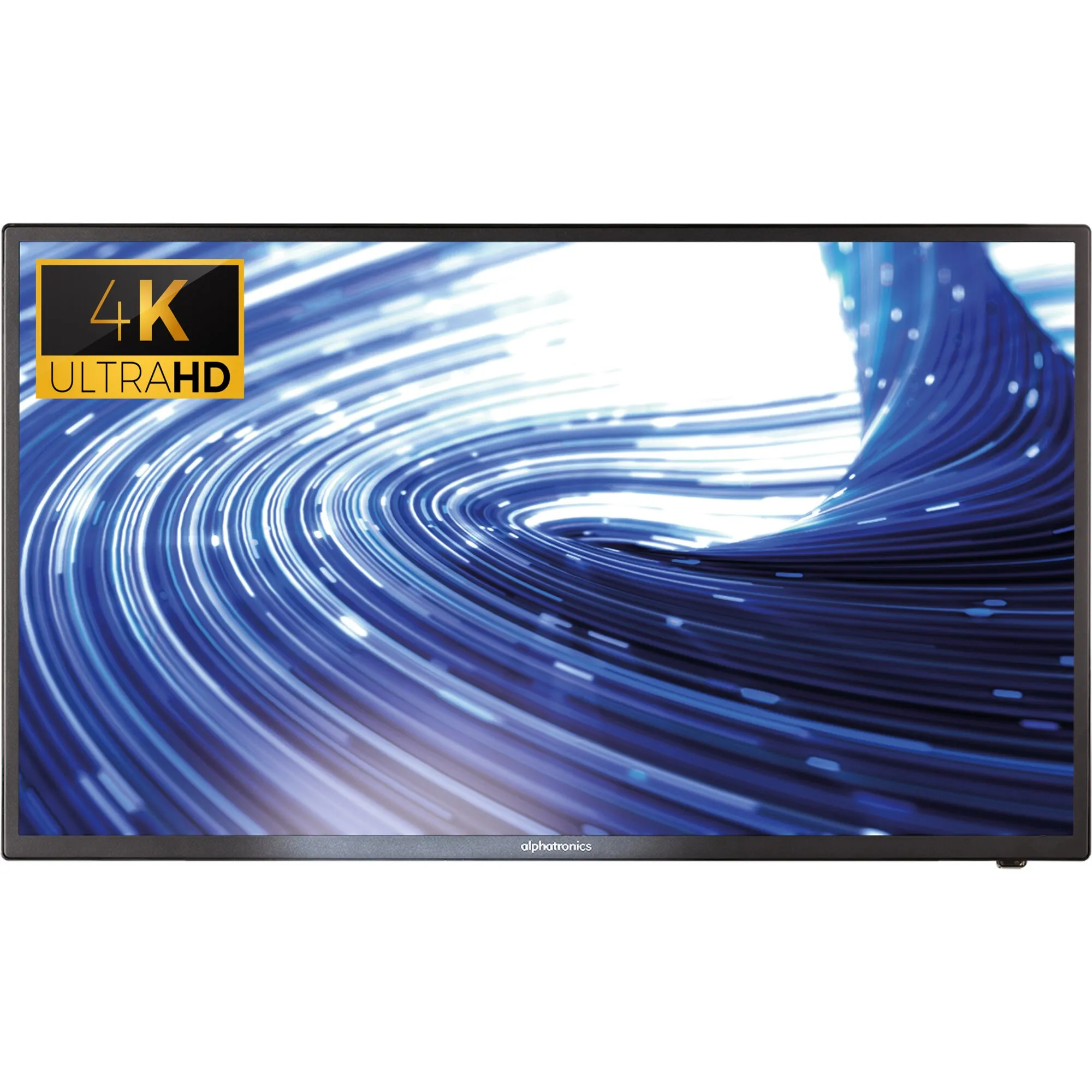Schwarzer 32-Zoll-Fernseher von alphatronics mit blau-weißem Linienmotiv und sichtbarem 4K-Ultra-HD-Logo-offsetof