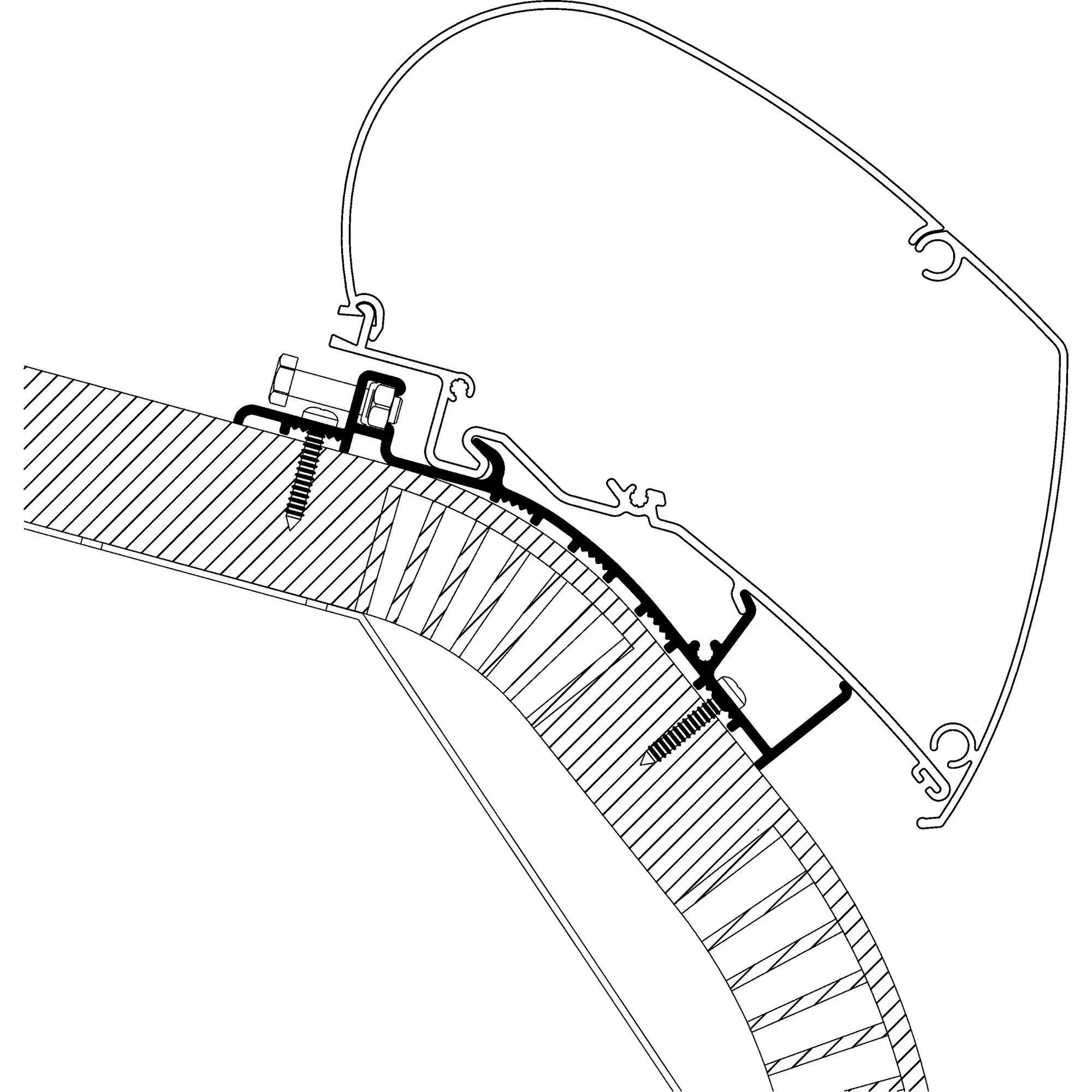 Technische Zeichnung eines 4 m langen Adapters für Carthago Chic ab 2015 zur TO Serie 6/9, zeigt gebogene Leitung, Clips und Schrauben