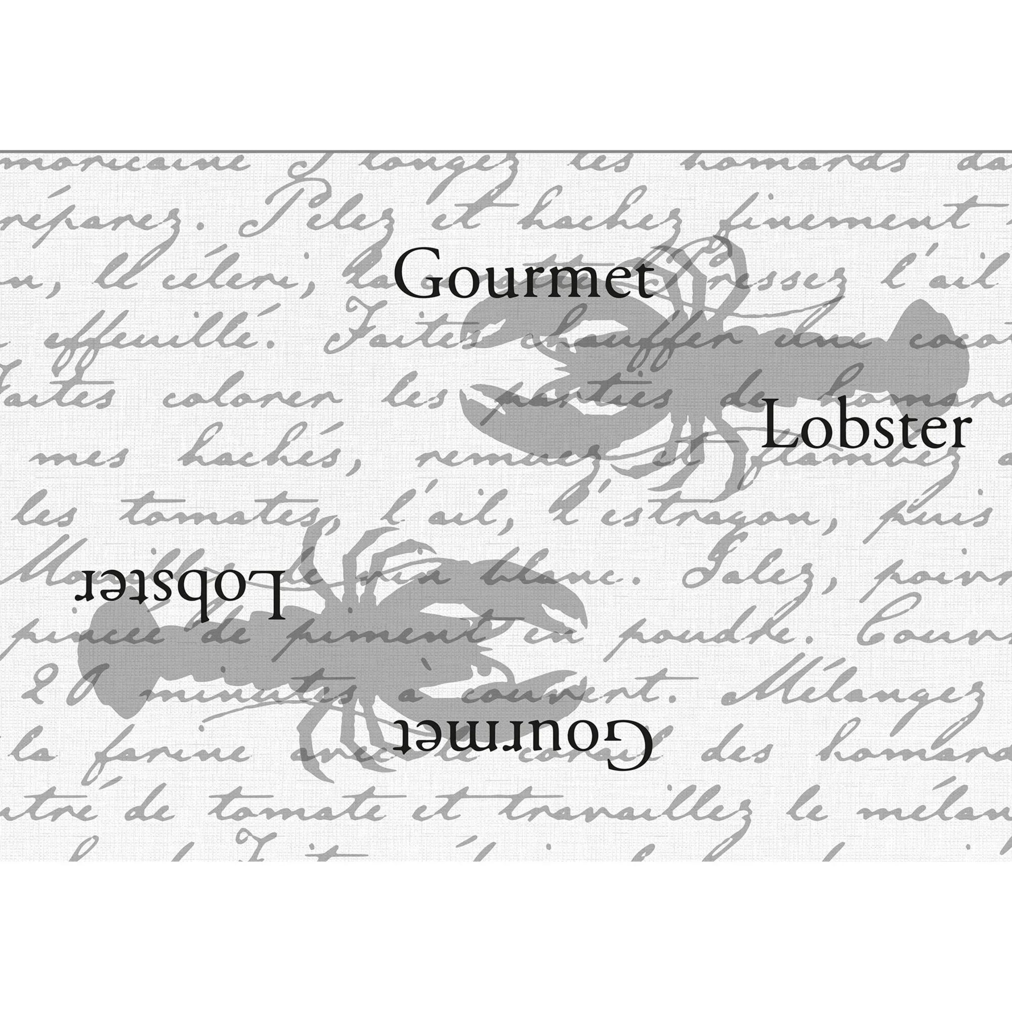 Tischset Miami in rechteckiger Form mit weißem Grund, grauer französischer Schreibschrift, Hummer-Silhouetten und Gourmet-Schriftzügen