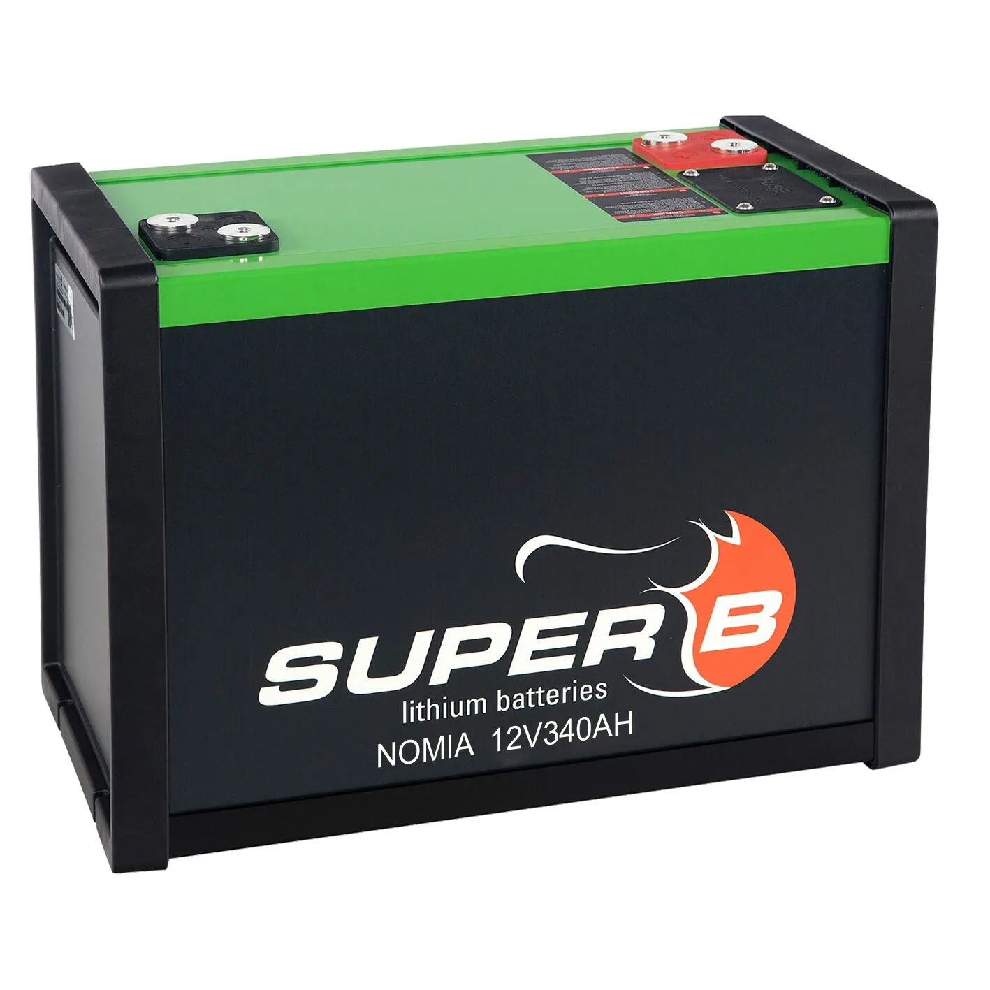 Schwarze Super B Nomia LiFePO4-Lithiumbatterie mit grünem Deckel, sichtbaren Anschlüssen und Aufdruck 12V 340Ah