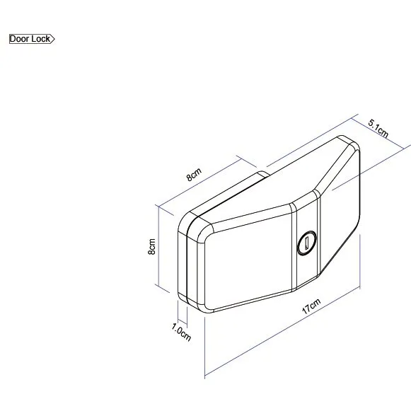 Technische Zeichnung einer Türverriegelung Door Lock mit Schließzylinder und Maßangaben von 17 × 8 × 5,1 cm