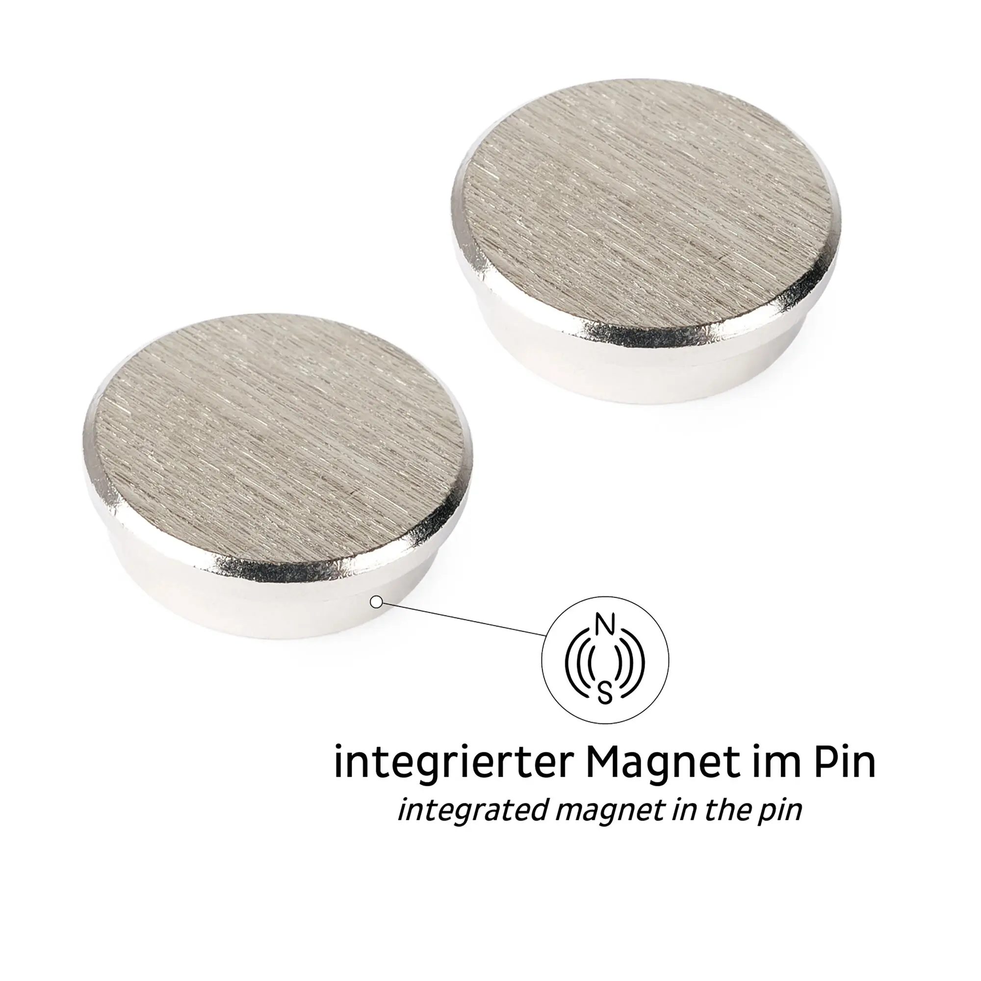 Drei silberne, runde Magnet-Pins mit gebürsteter Oberfläche; daneben eine Diagramm-Skizze mit den Buchstaben N und S zur Darstellung der Pole