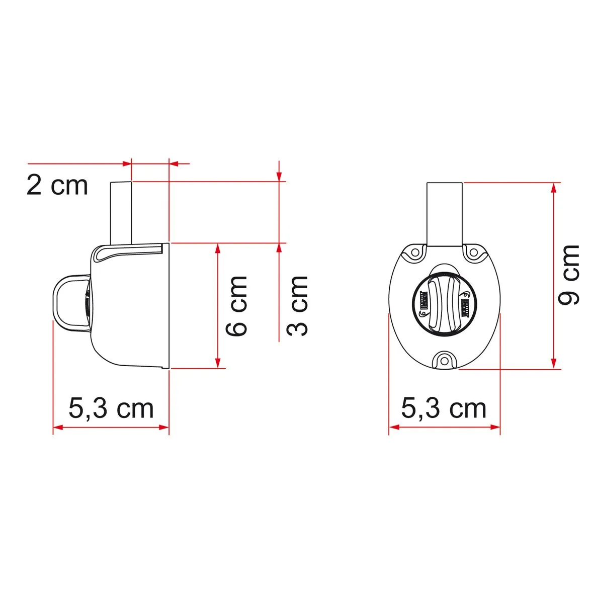 Technische Maßzeichnung der Innentürverriegelung Safe Door Guardian Universal mit Seiten- und Vorderansicht sowie Maßen von 2 bis 9 cm