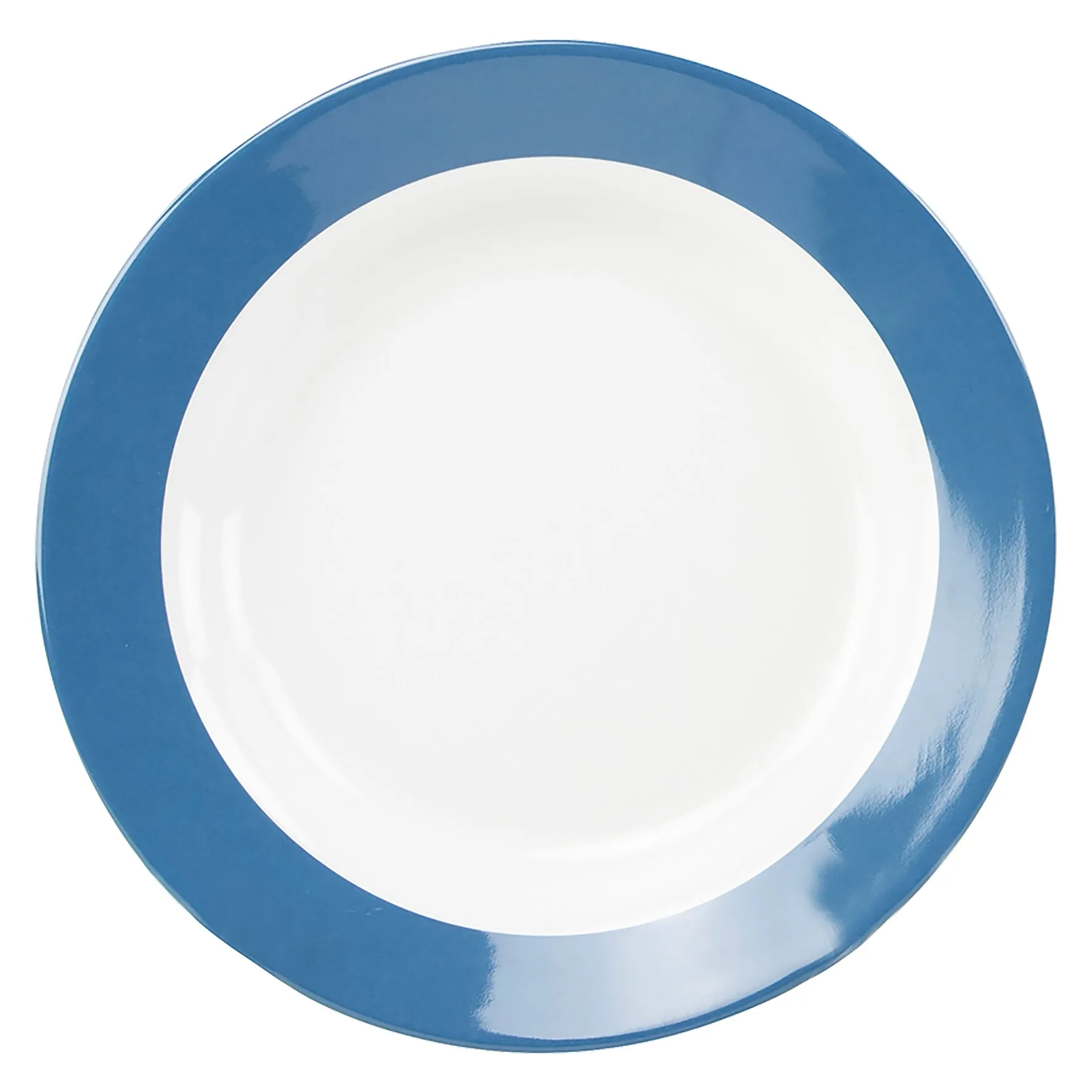 Blauer Suppenteller der Colour Line mit weißer Innenfläche und breitem, glänzendem blauem Rand in Draufsicht