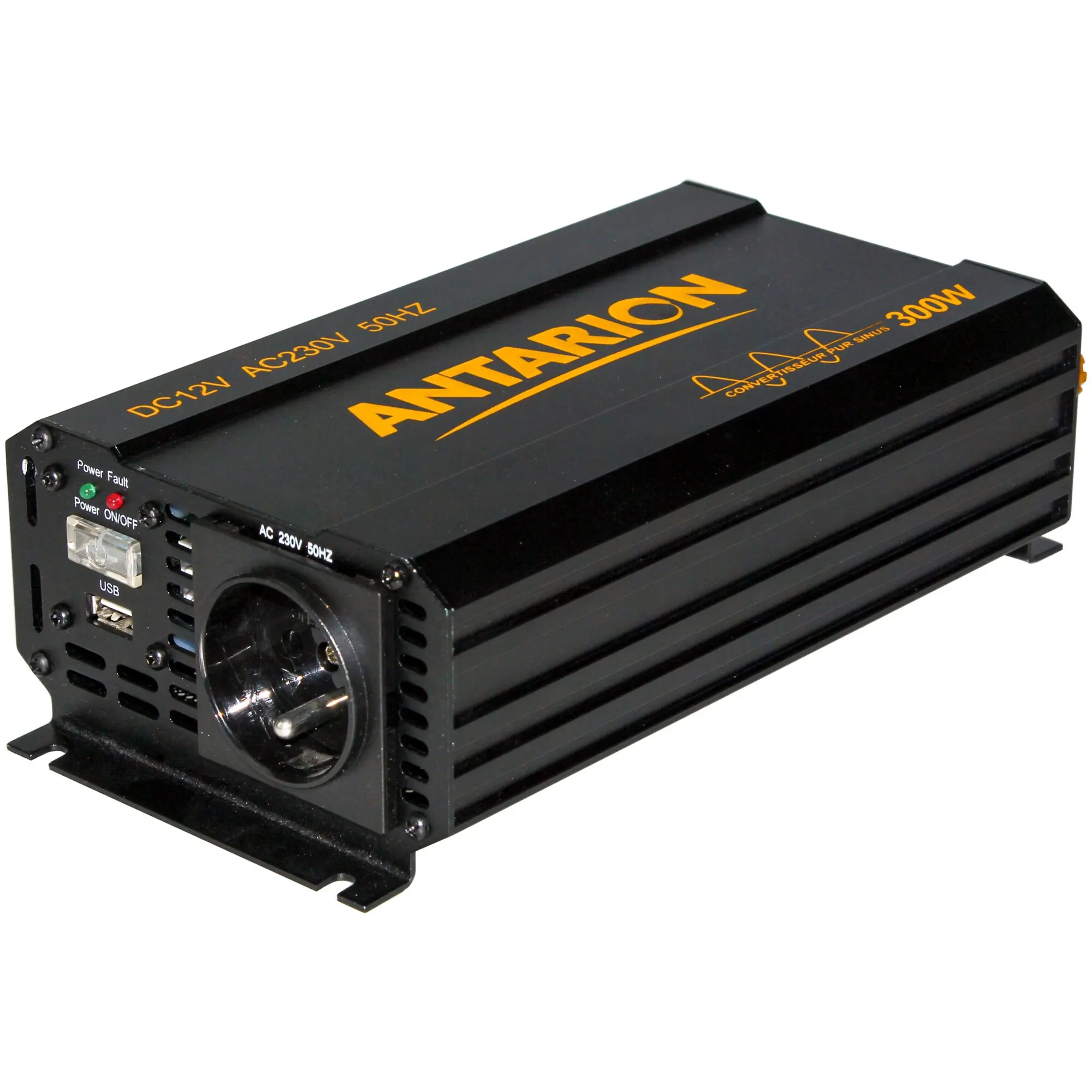 Schwarzer Sinus-Wechselrichter 300W in rechteckigem Gehäuse mit Belüftungsschlitzen, orangefarbener Aufdruck 300W; Vorderseite mit USB-Port, Power-On/Off-Schalter und Status-LEDs, DC12V zu 230V 50Hz
