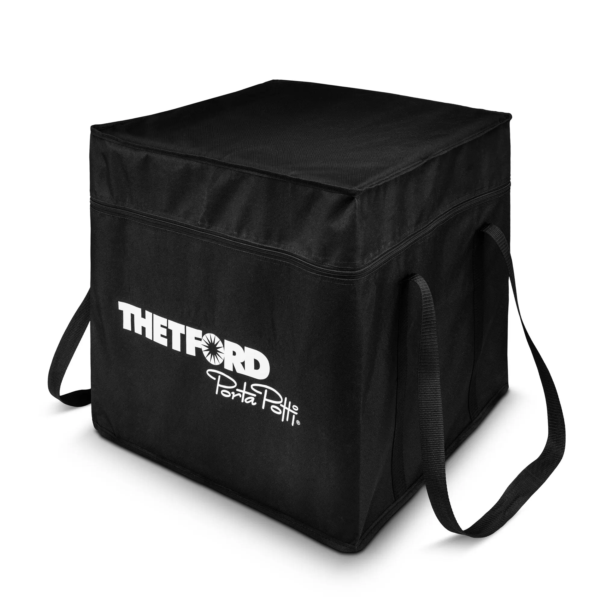 Schwarze Tragetasche aus robustem Stoff mit Tragegriffen und Reißverschluss, Thetford Porta Potty Logo, geeignet für Porta Potti X35/X45
