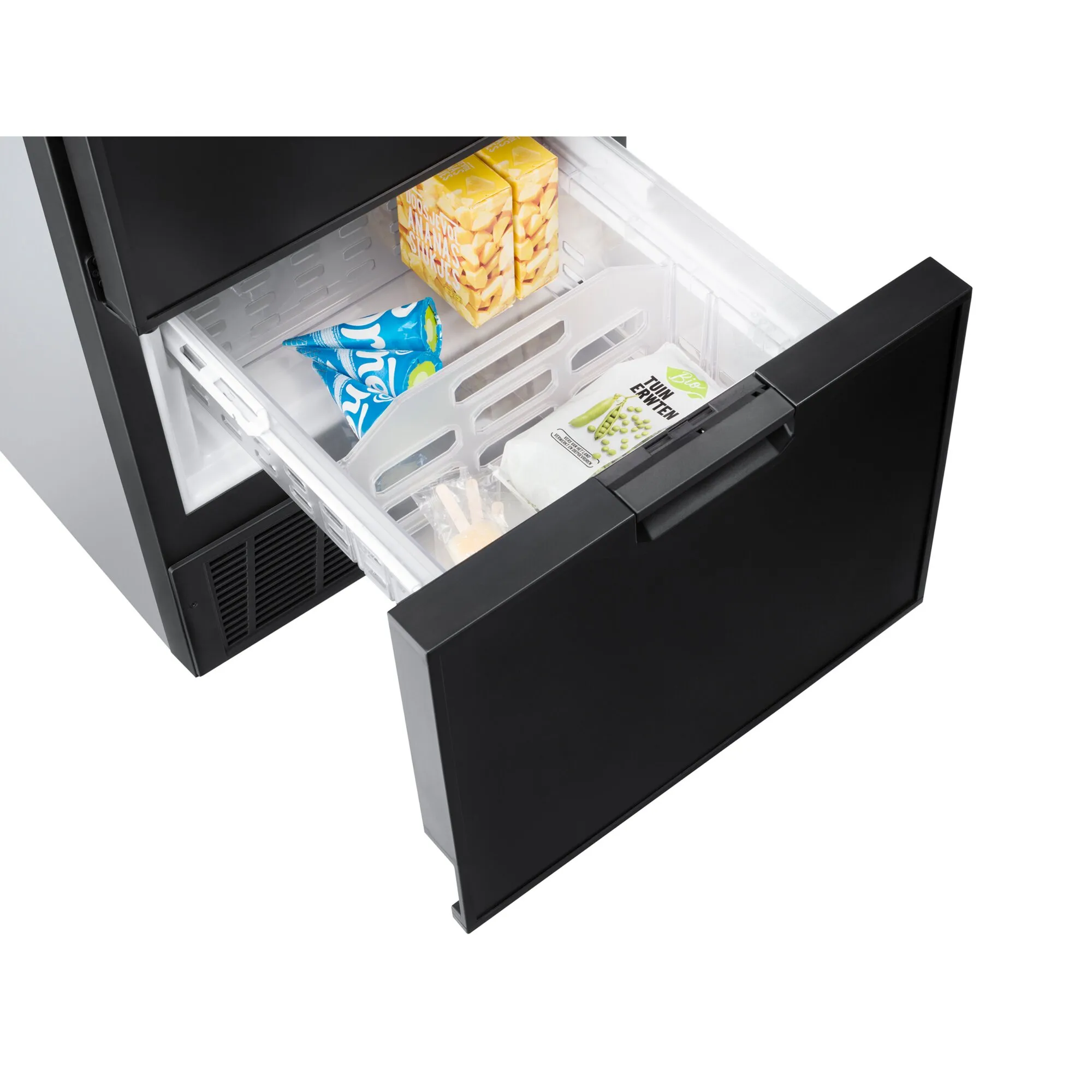 Schwarzer 12-Volt-Kühlschrank T2175 mit geöffnetem Auszug und transparenten Fächern, gefüllt mit Lebensmitteln