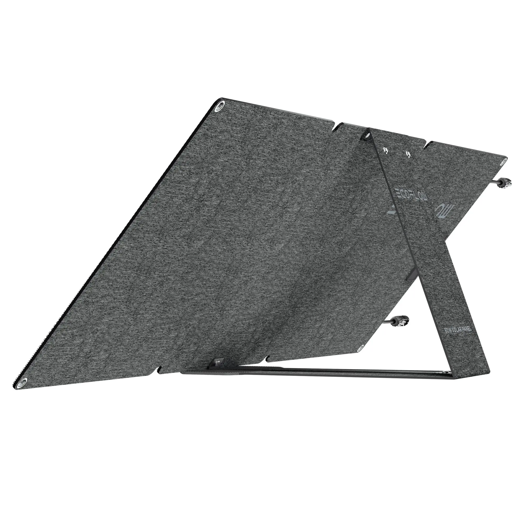 Faltbares Solarmodul, 60 Wp, dunkelgraues, texturiertes Paneel mit Eck-Löchern; mehrere Paneele durch Scharniere verbunden, sichtbarer Steckverbinder am Rand