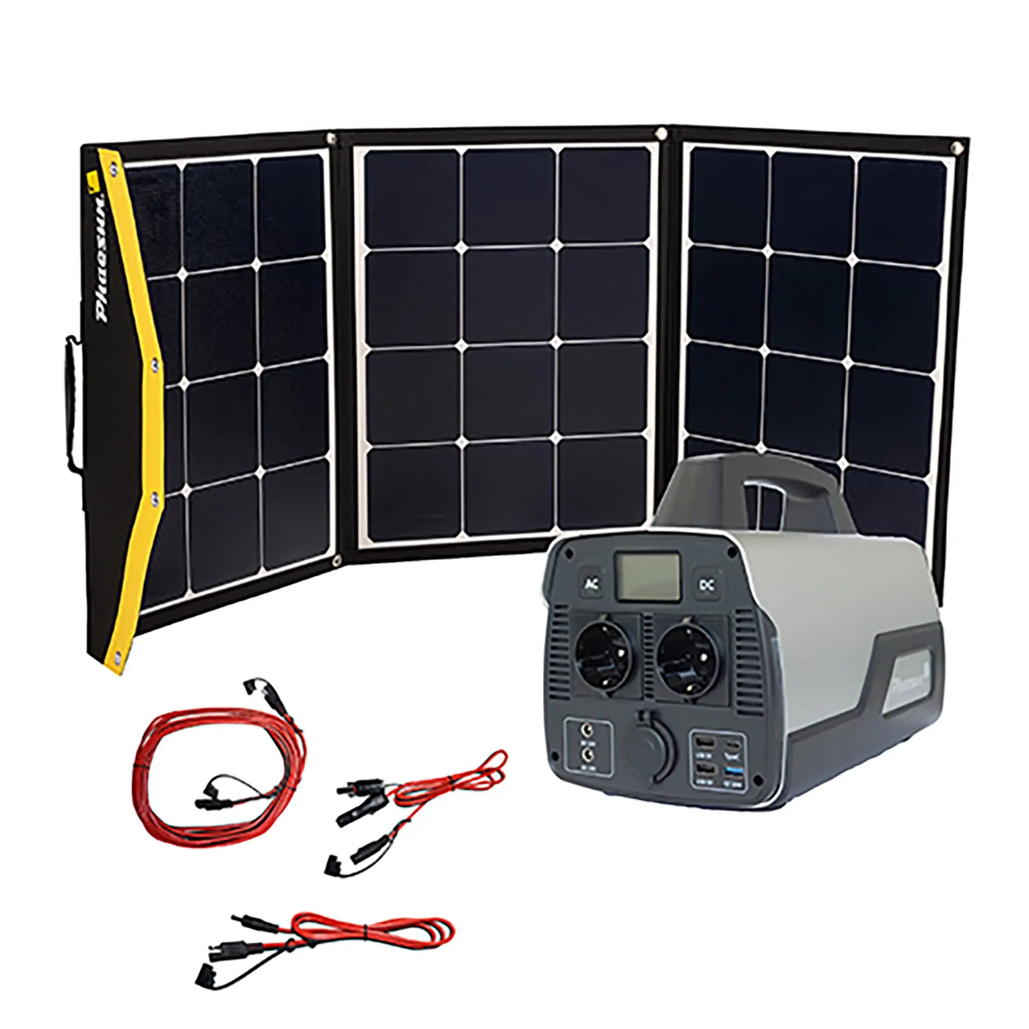 Dreiteiliges faltbares Solarpanel-Set mit schwarzen Zellen, daneben ein tragbarer Generator mit Display und mehreren Steckdosen, rote Anschlusskabel liegen davor