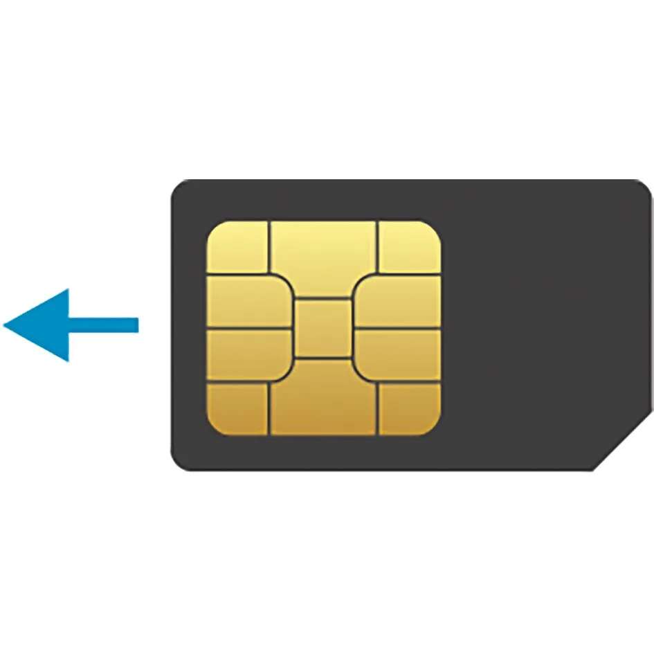 Stilisierte SIM-Karte mit goldenem Chip und blauem Pfeil nach links für das Routerset Maxview Roam
