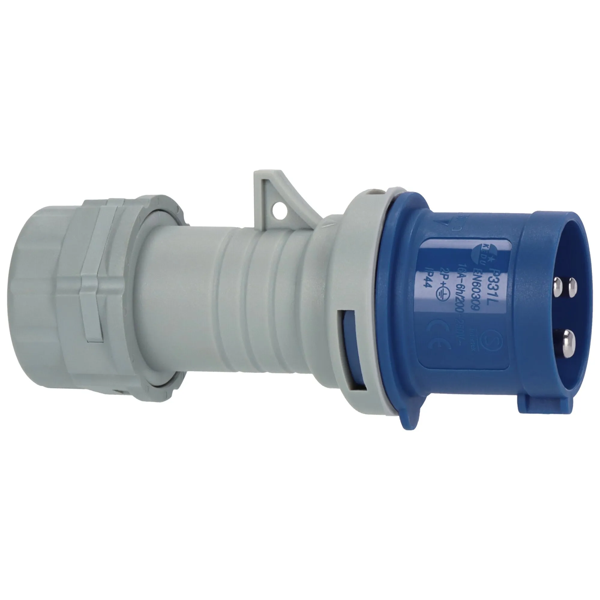 Blauer CEE-Stecker 230 V/16 A mit grauer Kabelverschraubung und Schutzklappe in seitlicher Ansicht