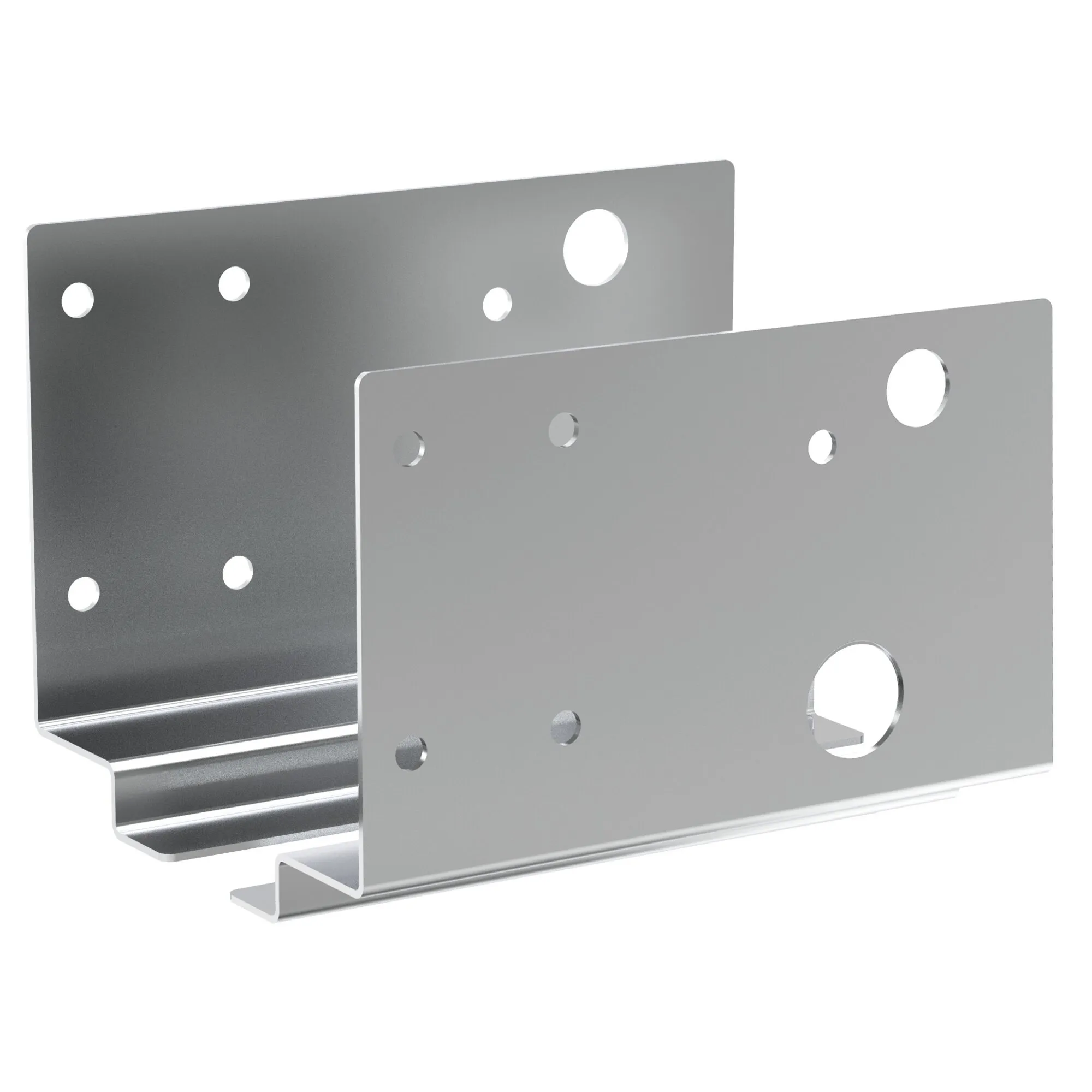 Adaptersatz AL-KO M-Chassis aus zwei silbernen, gelochten Metallwinkeln mit großen und kleinen Öffnungen