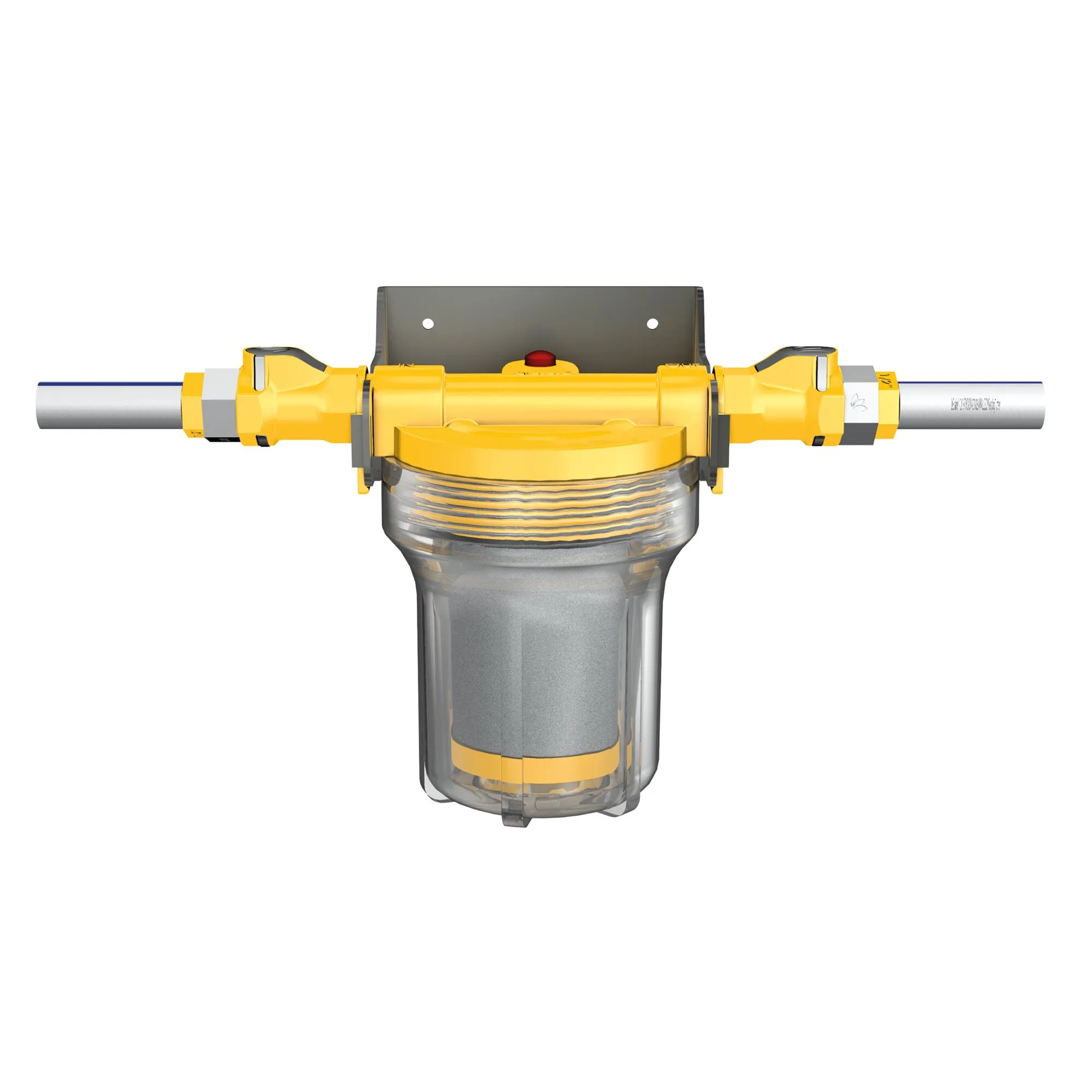 Certec® Inline-Komplettset, gerades Filtersystem mit gelbem Gehäuse, transparentem Filtertopf und sichtbarer Filterpatrone an einer Rohrleitung