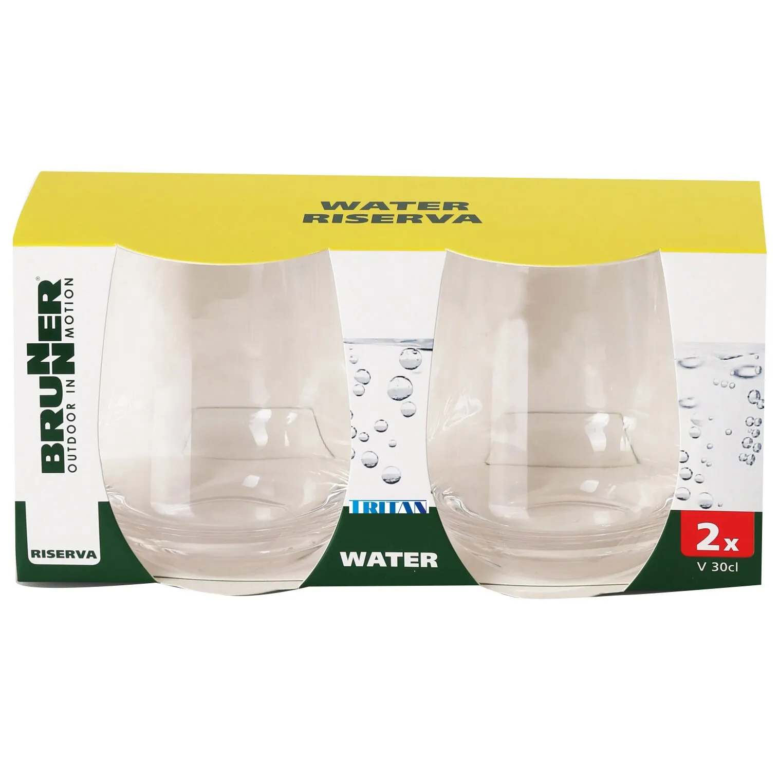Zwei transparente, bauchige Riserva-Trinkgläser aus Tritan in Verpackung, Fassungsvermögen je 30 cl