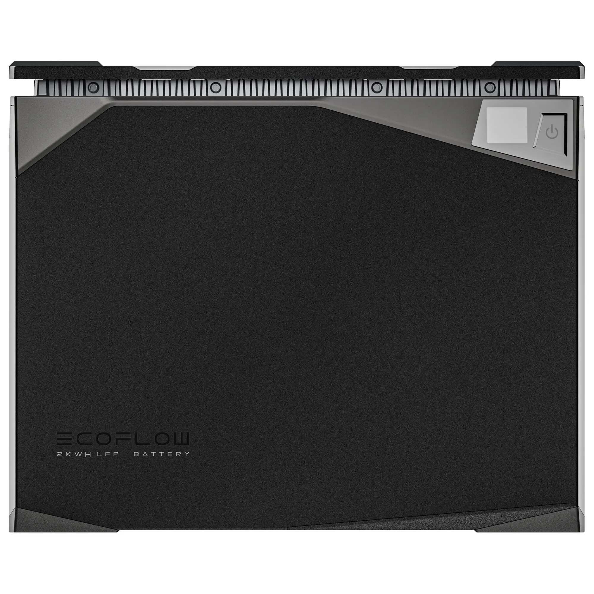 Seitliche Ansicht einer schwarzen LFP-Batterieeinheit mit grauer Blende, Schrauben, Kühlrippen und Power-Taste, EcoFlow-Logo unten links