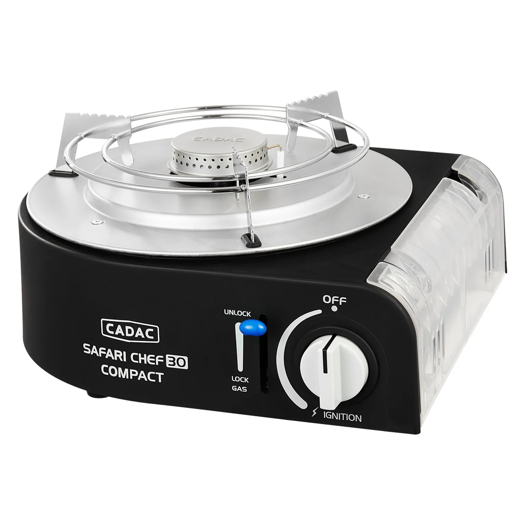 Schwarzer CADAC Gasgrill Safari Chef 30 Compact mit silbernem Brennerrost, Kartuschenfach und Drehregler an der Vorderseite