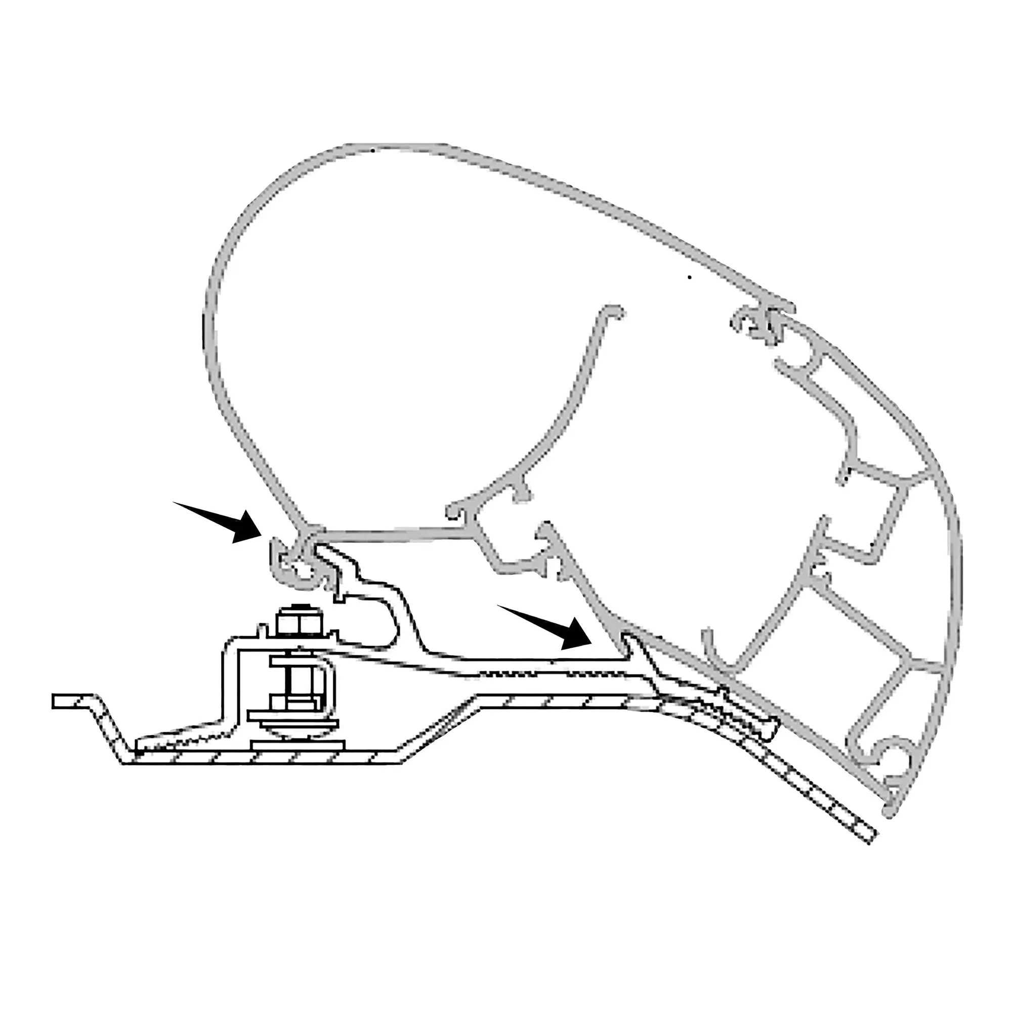 Technische Zeichnung eines Adapters mit Rundring und Klemmen an einem Träger, zwei Pfeile markieren Befestigungspunkte