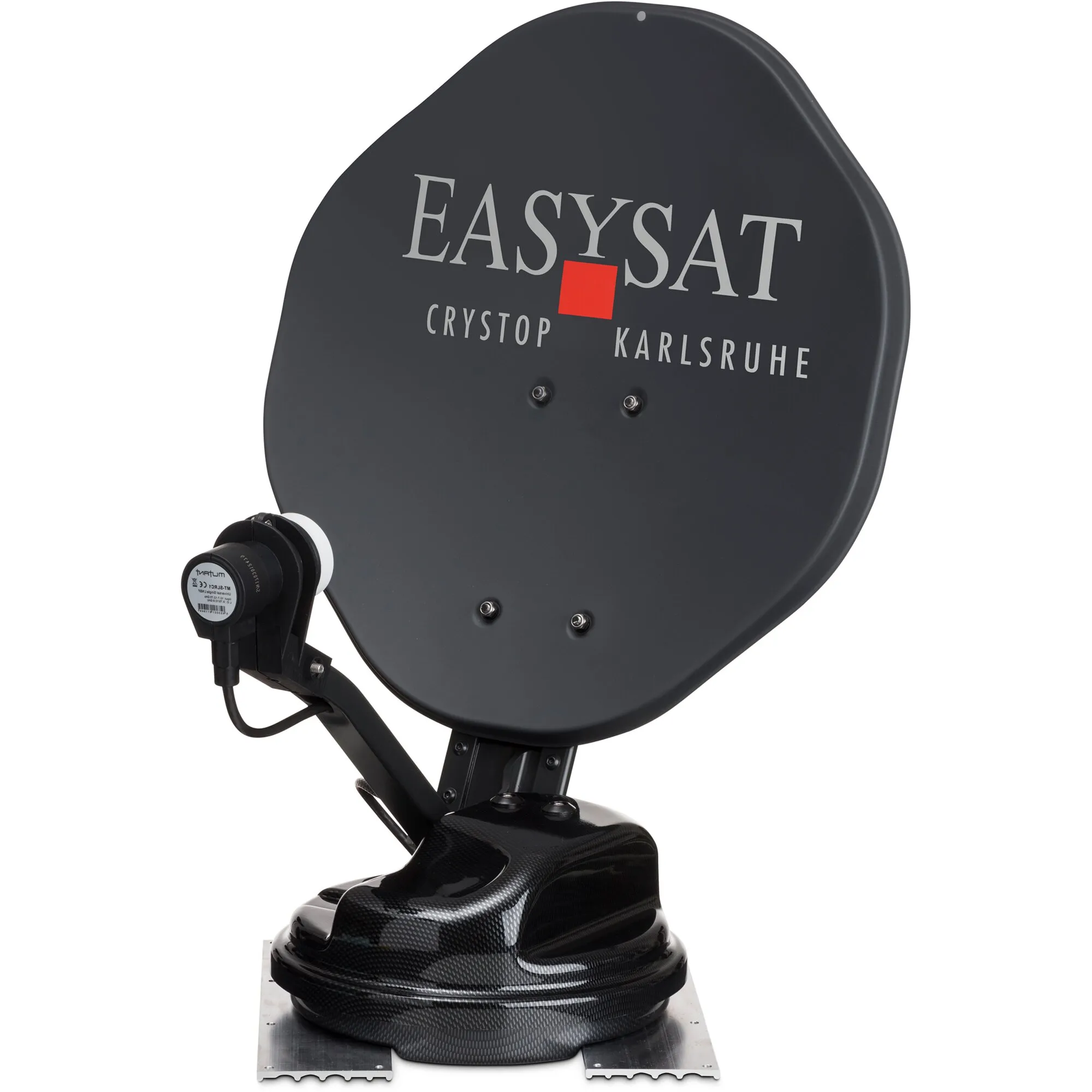 Schwarze EasySat-Satellitenanlage mit Parabolantenne, LNB, Halterung und motorisiertem Sockel auf Montageplatten