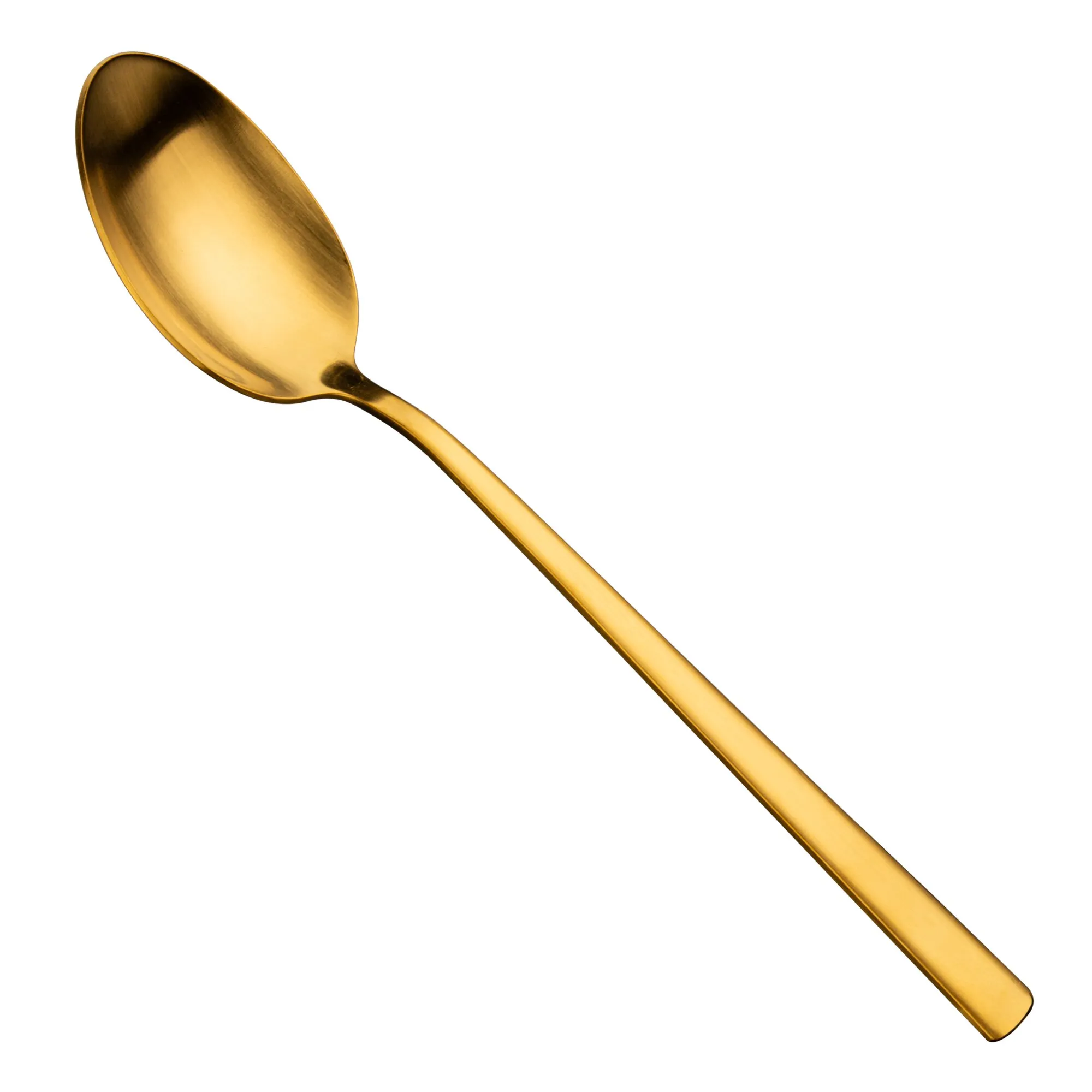 Goldener Fairbanks Tafellöffel mit langem, schlichtem Griff und ovaler Laffe vor weißem Hintergrund