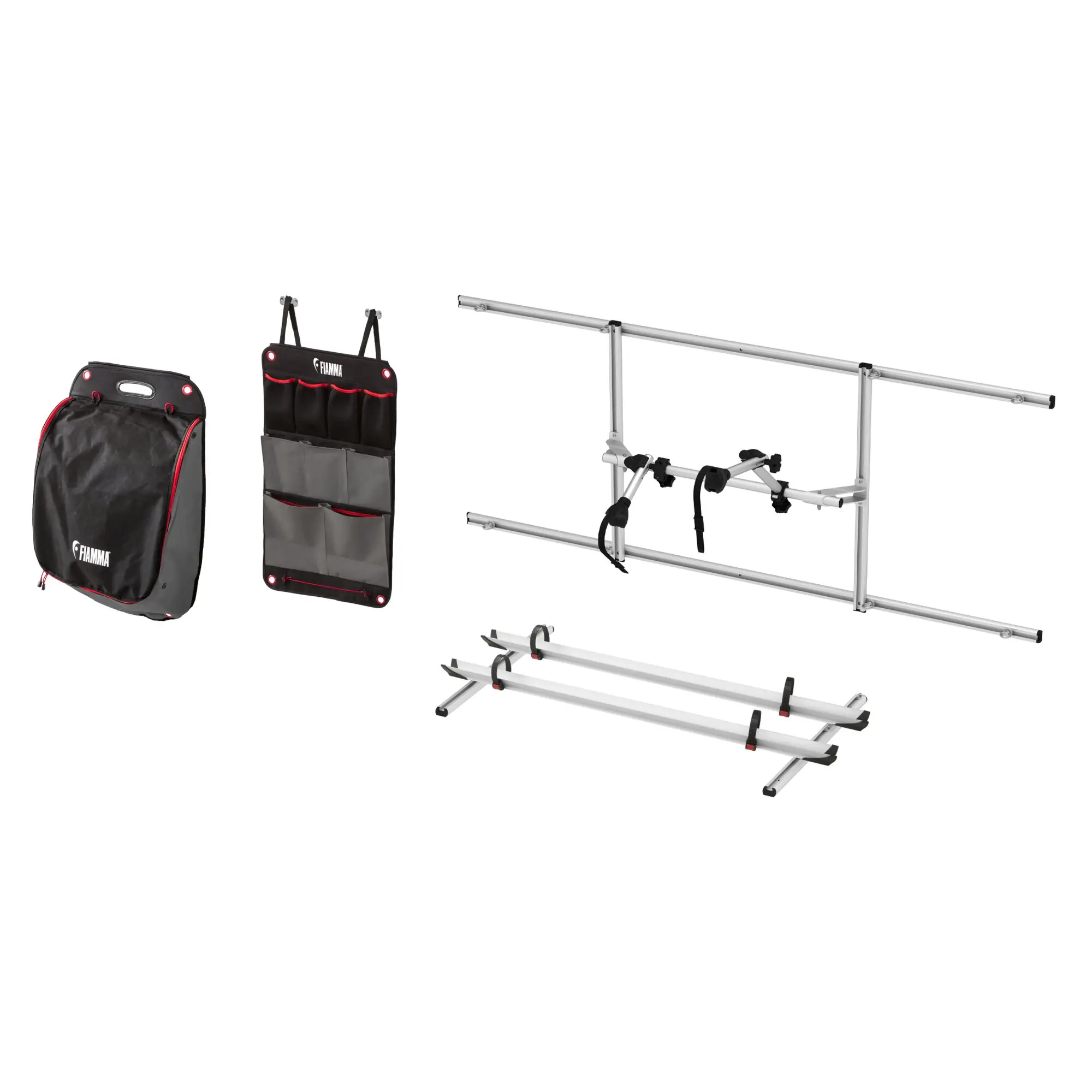 Ordnungssystem Garage Pack Plus mit silbernem Metallrahmen, horizontaler Stange und Halterungen; links zwei Taschen mit Fächern